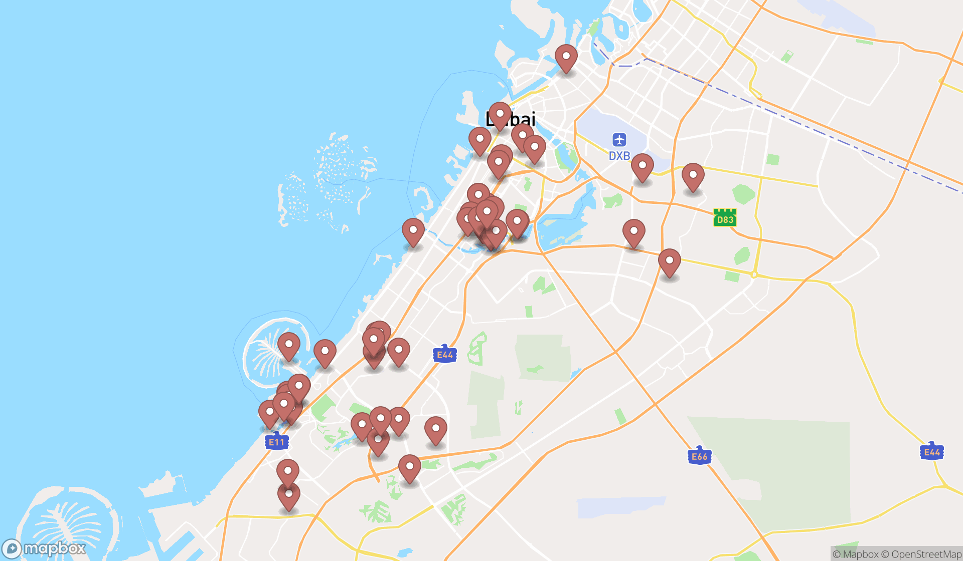 Map showing the search results in Dubai
