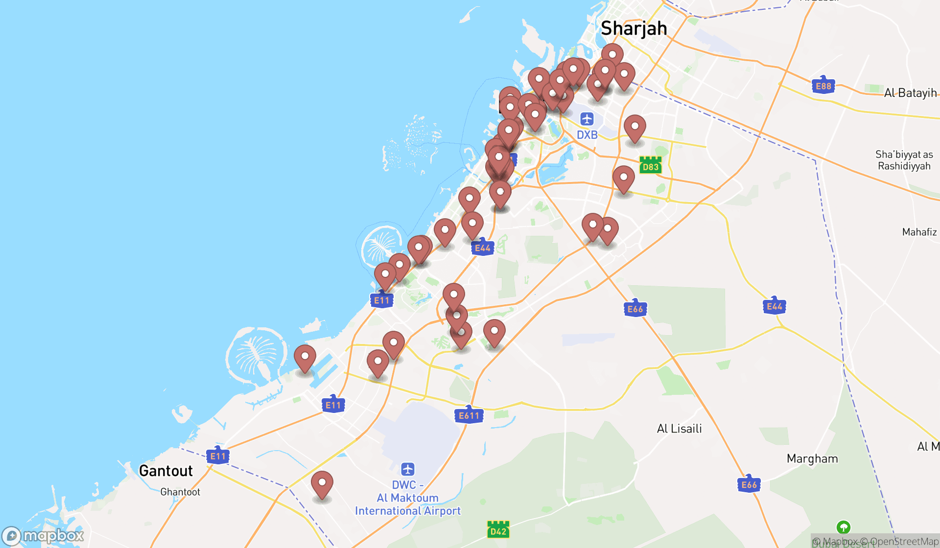 Map showing the search results in Dubai