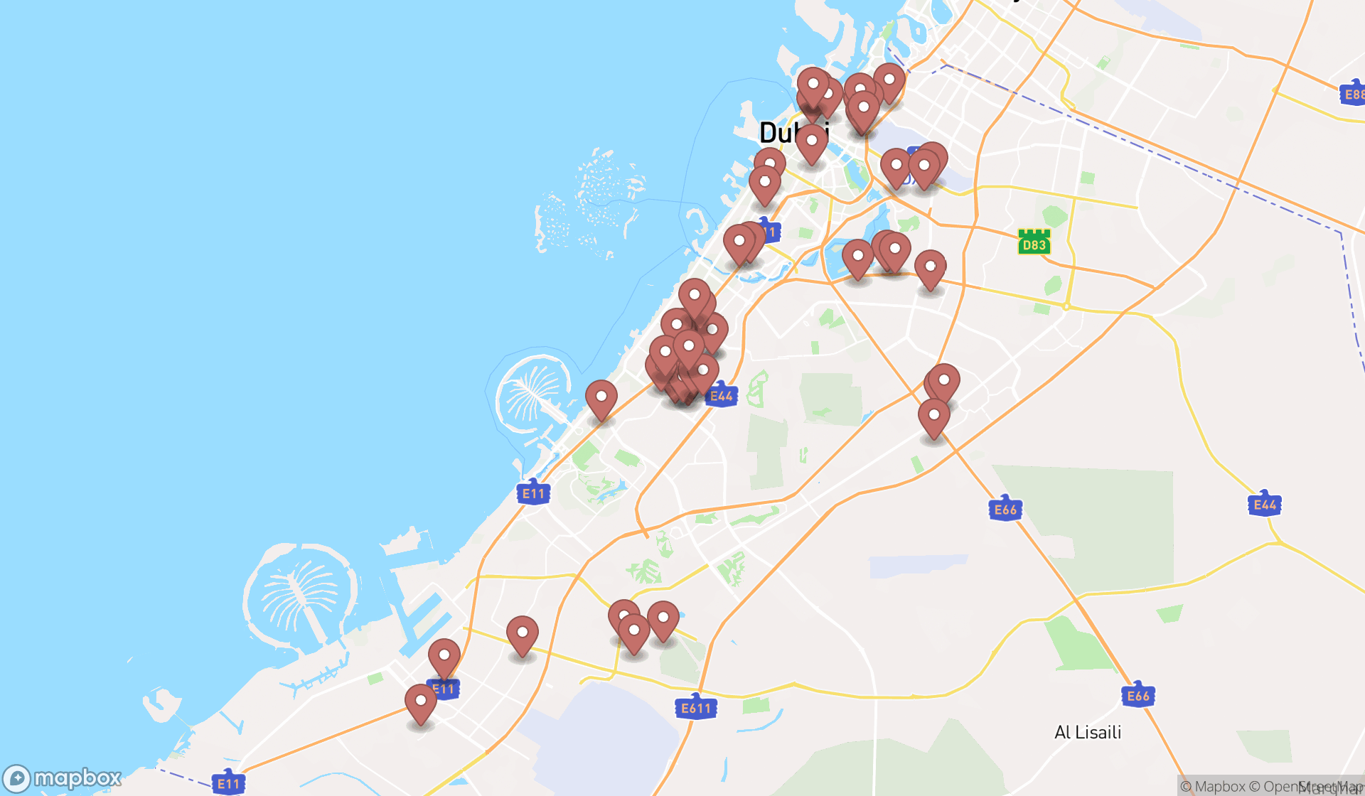 Map showing the search results in Dubai