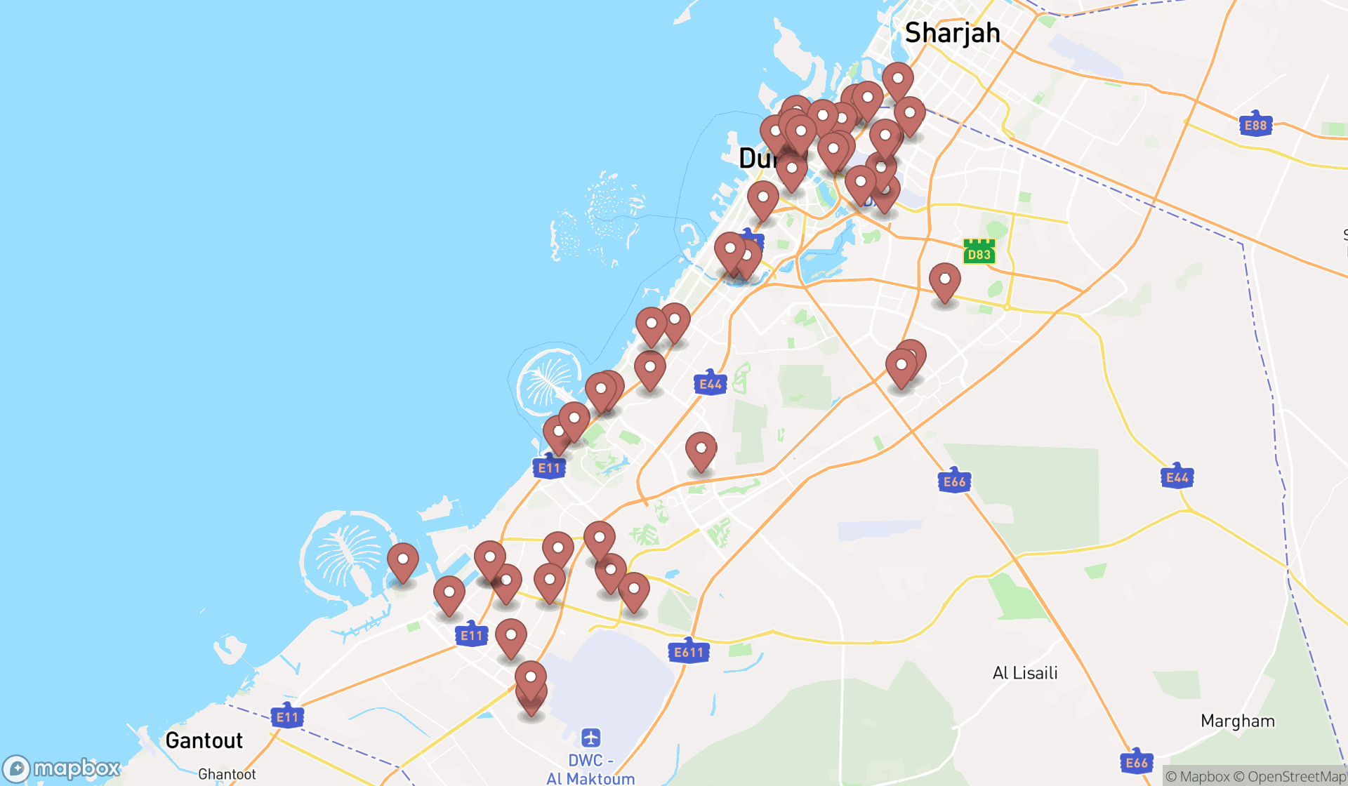 Map showing the search results in Dubai