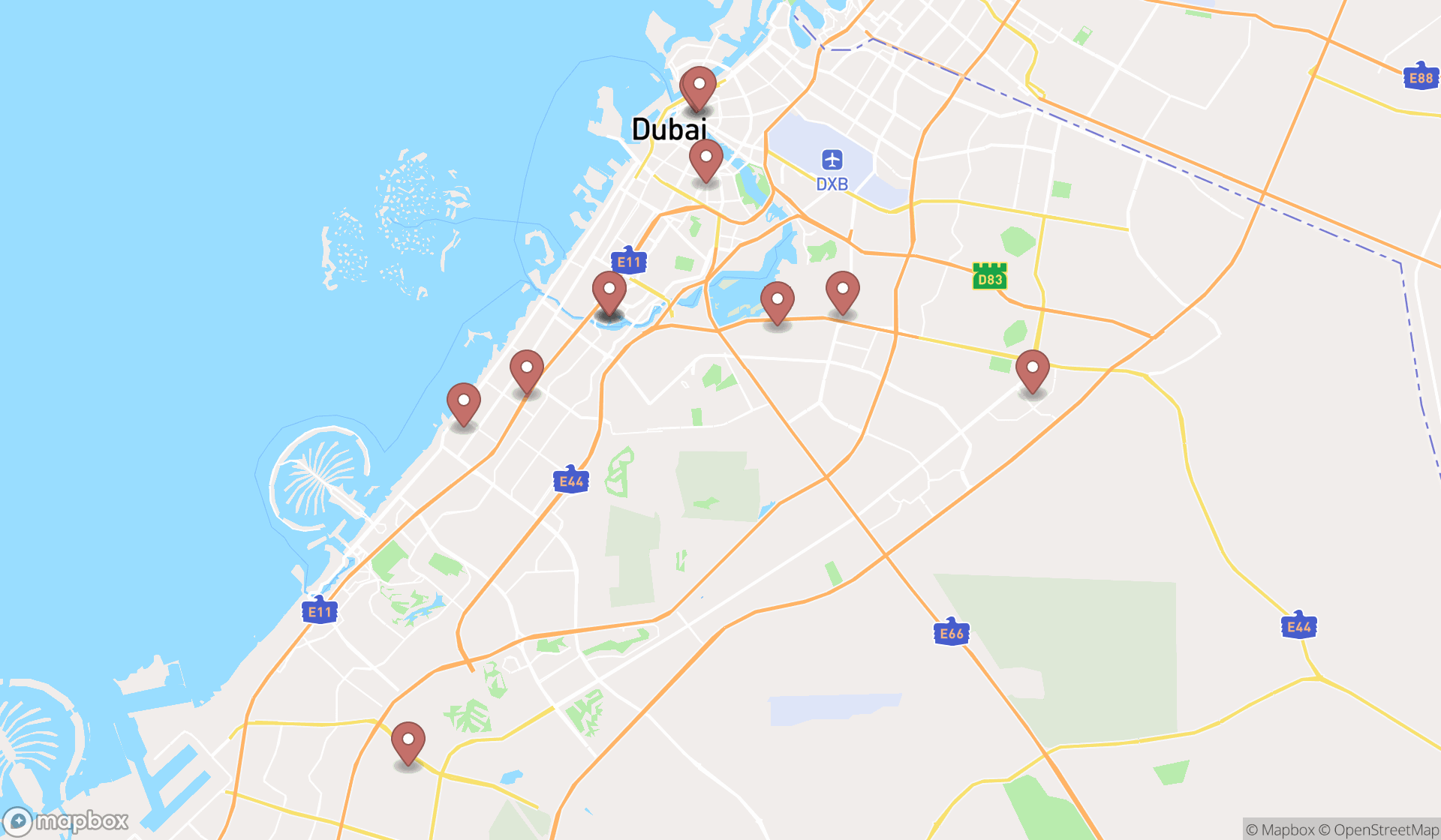 Map showing the search results in Dubai