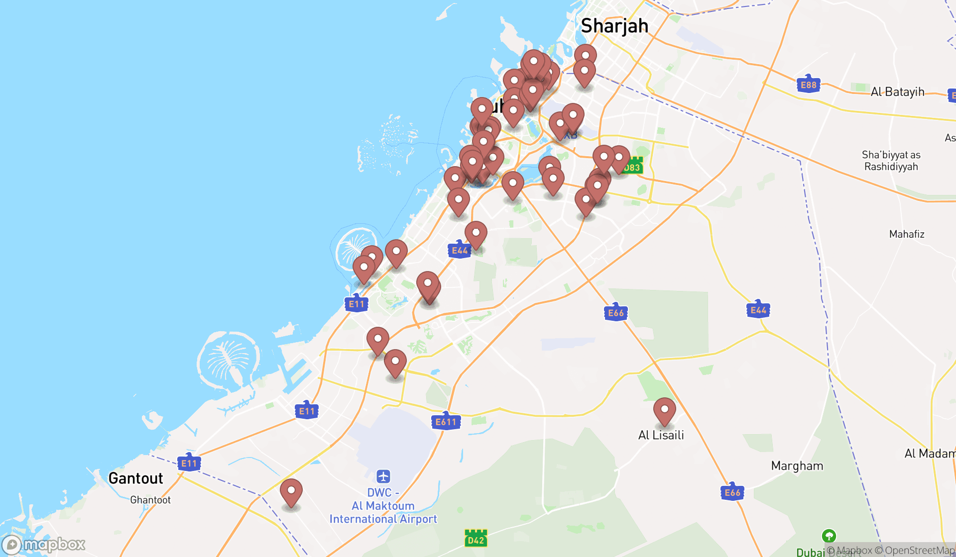 Map showing the search results in Dubai