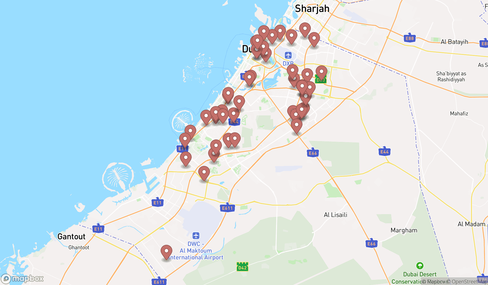 Map showing the search results in Dubai