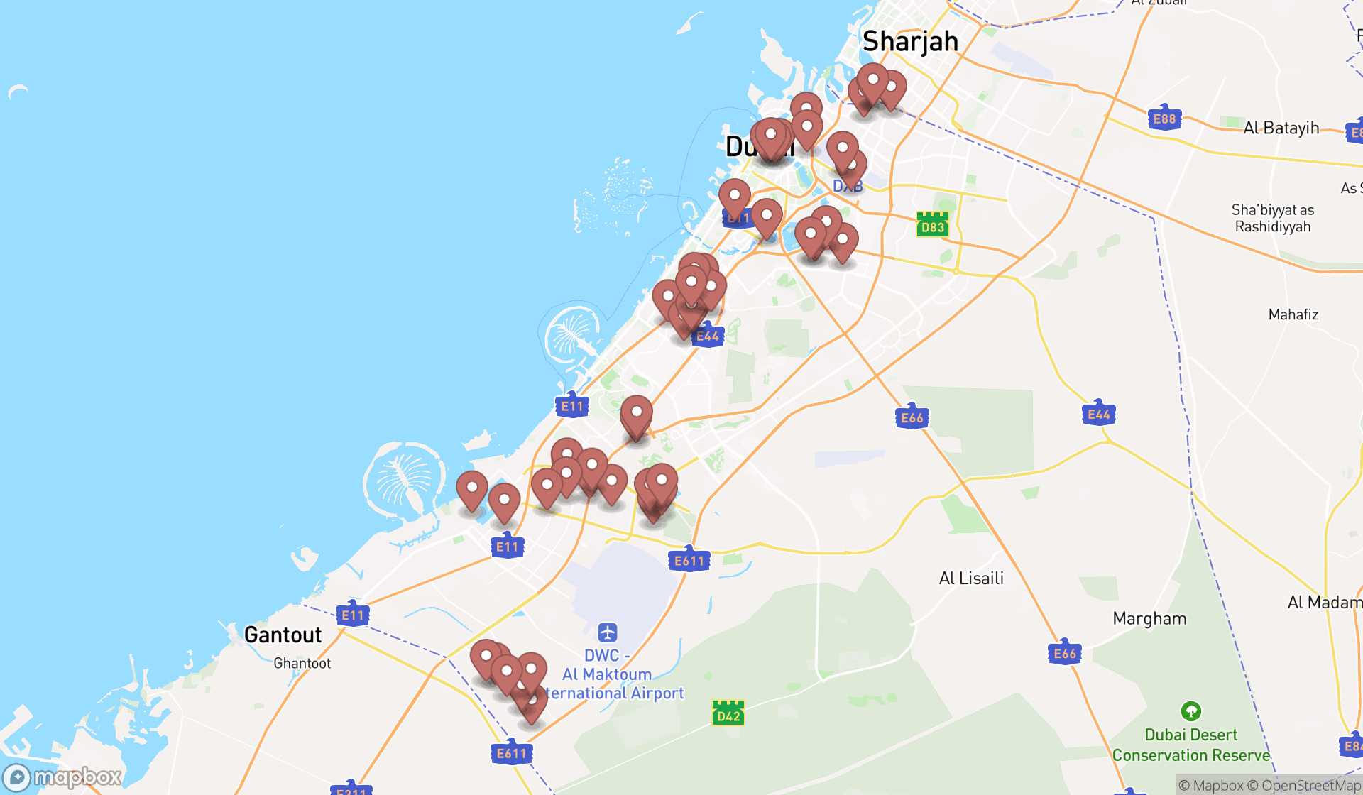 Map showing the search results in Dubai