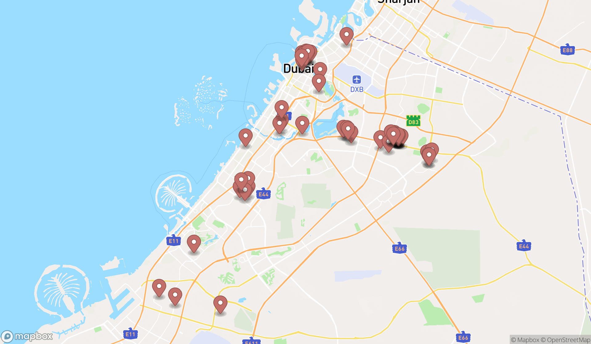 Map showing the search results in Dubai