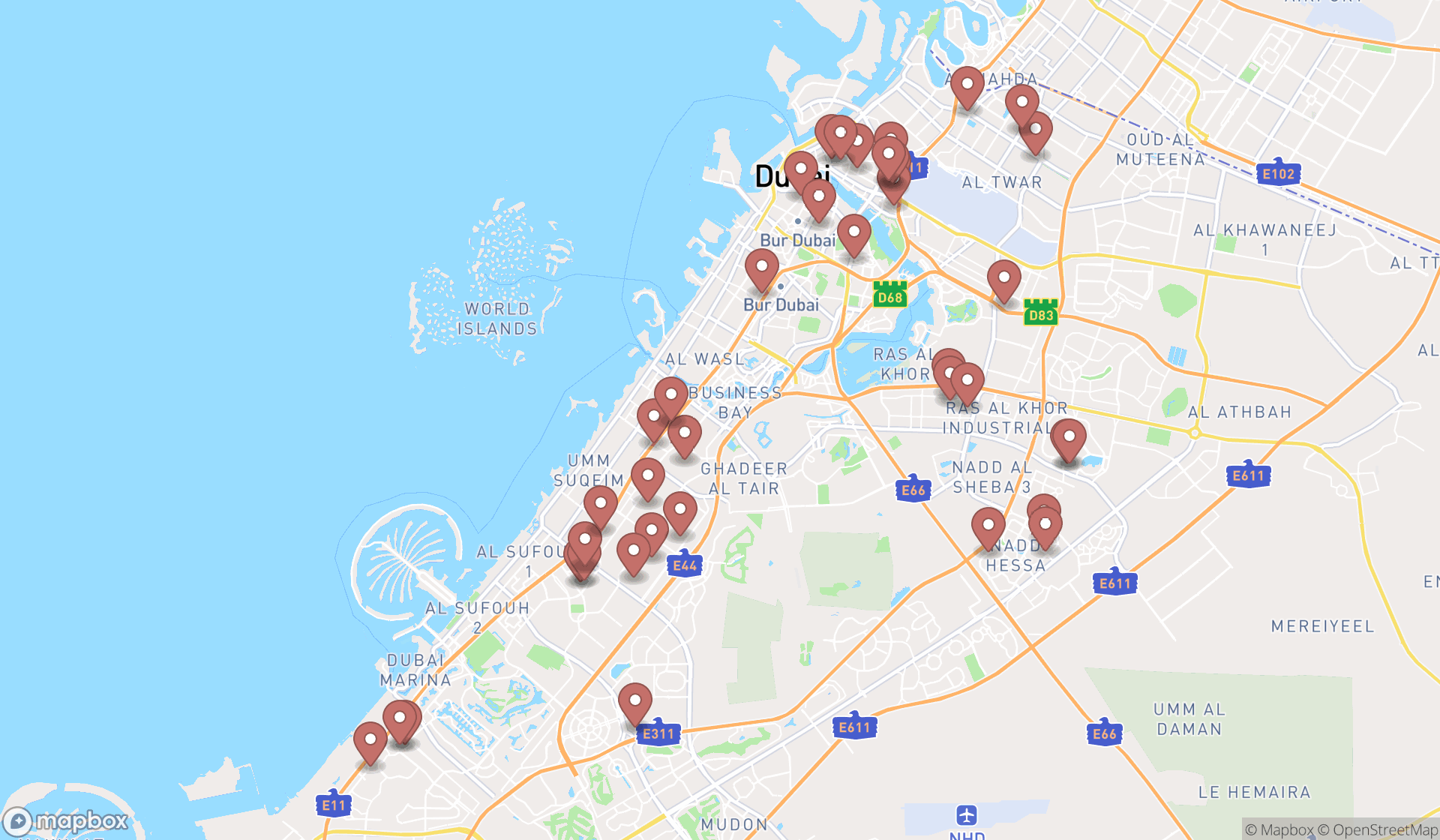Map showing the search results in Dubai