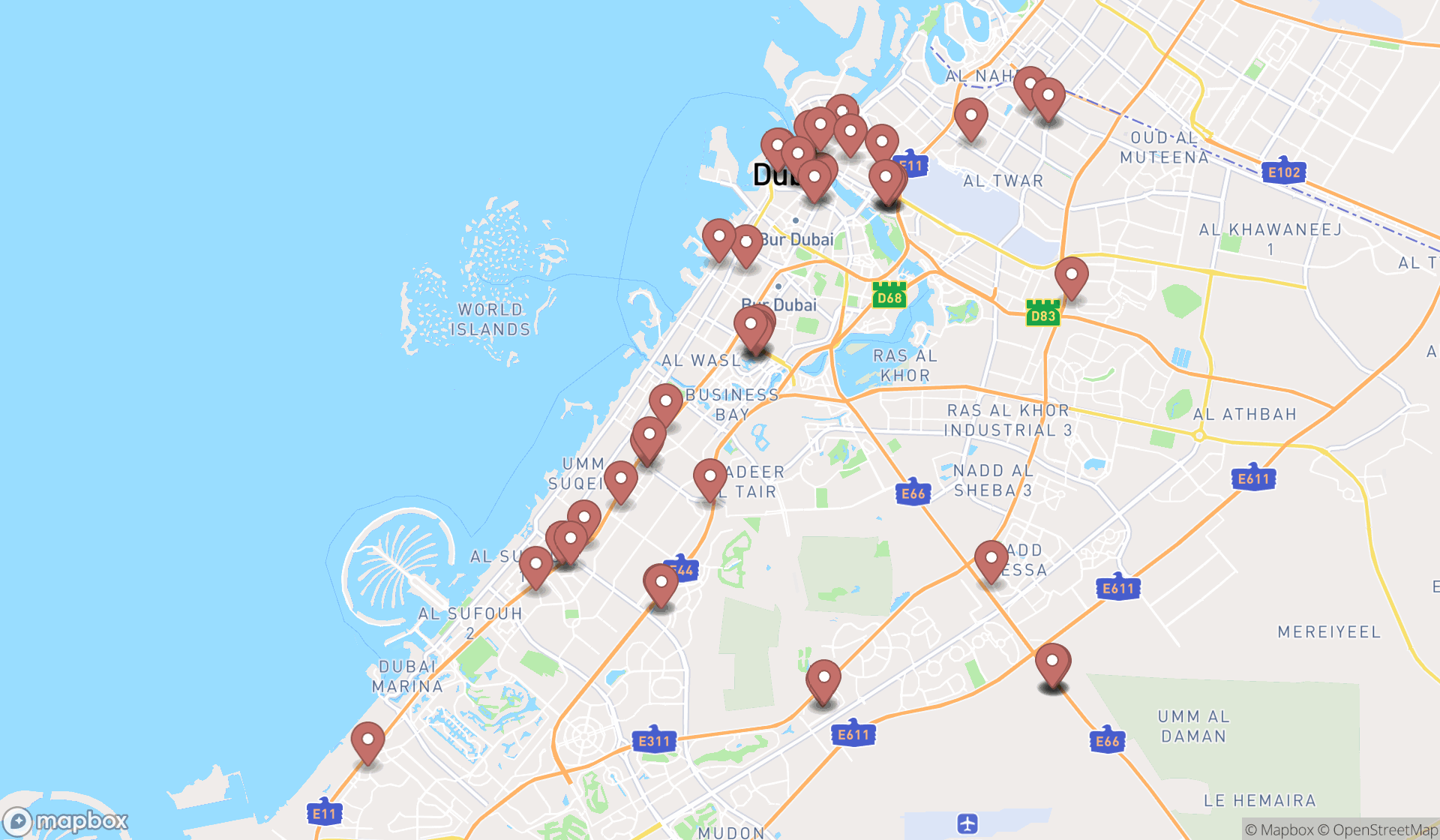 Map showing the search results in Dubai
