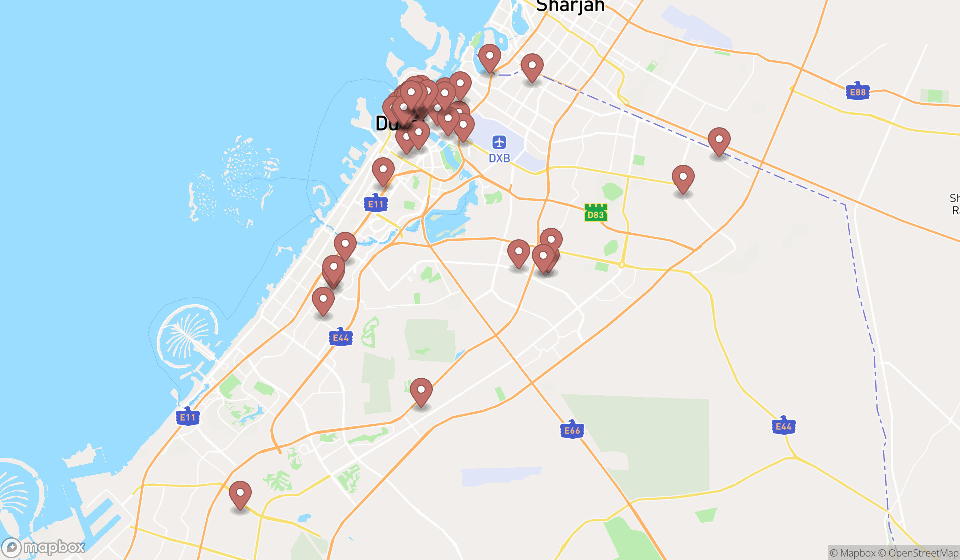 Map showing the search results in Dubai