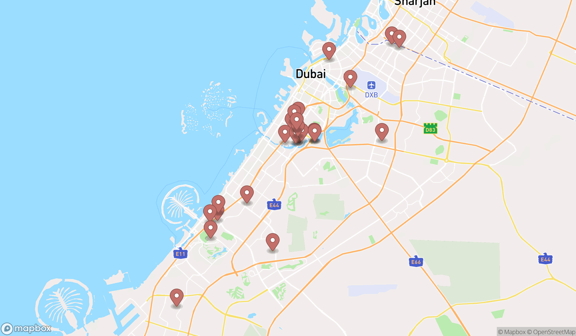 Map showing the search results in Dubai
