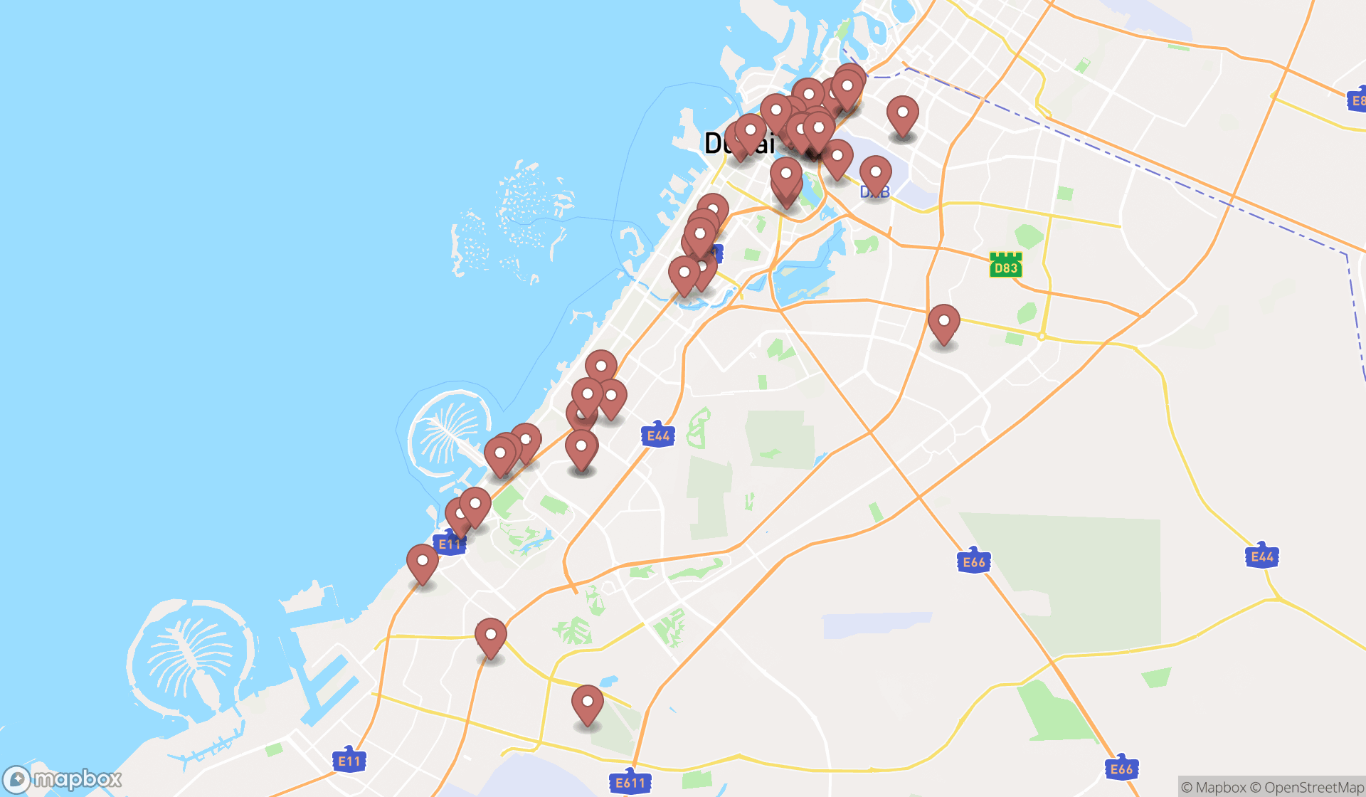 Map showing the search results in Dubai