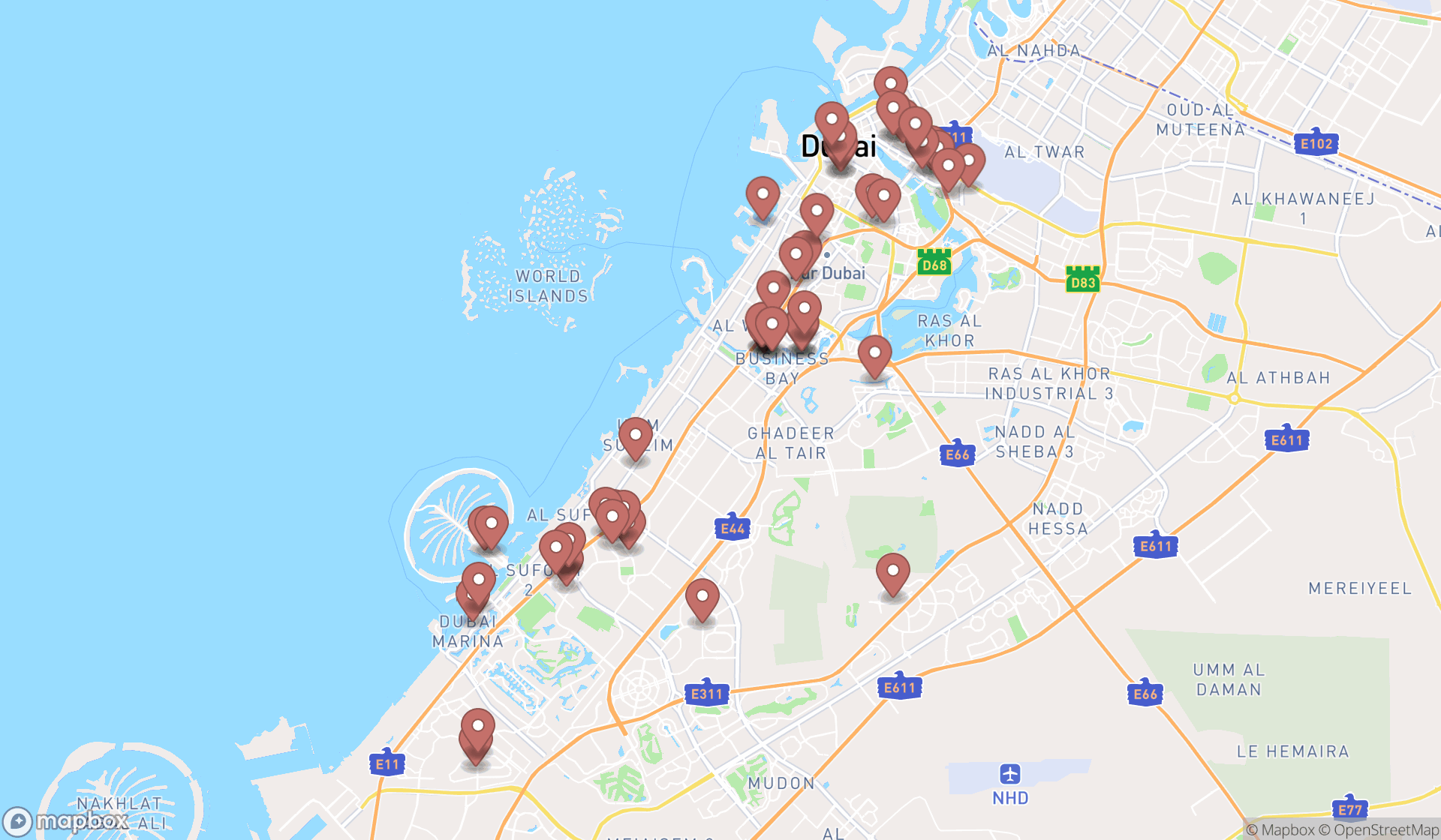 Map showing the search results in Dubai