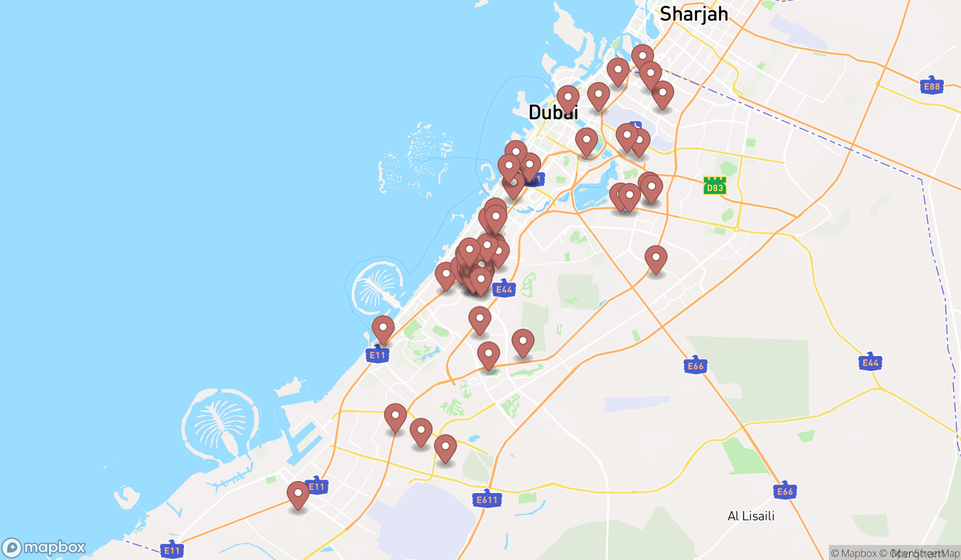 Map showing the search results in Dubai