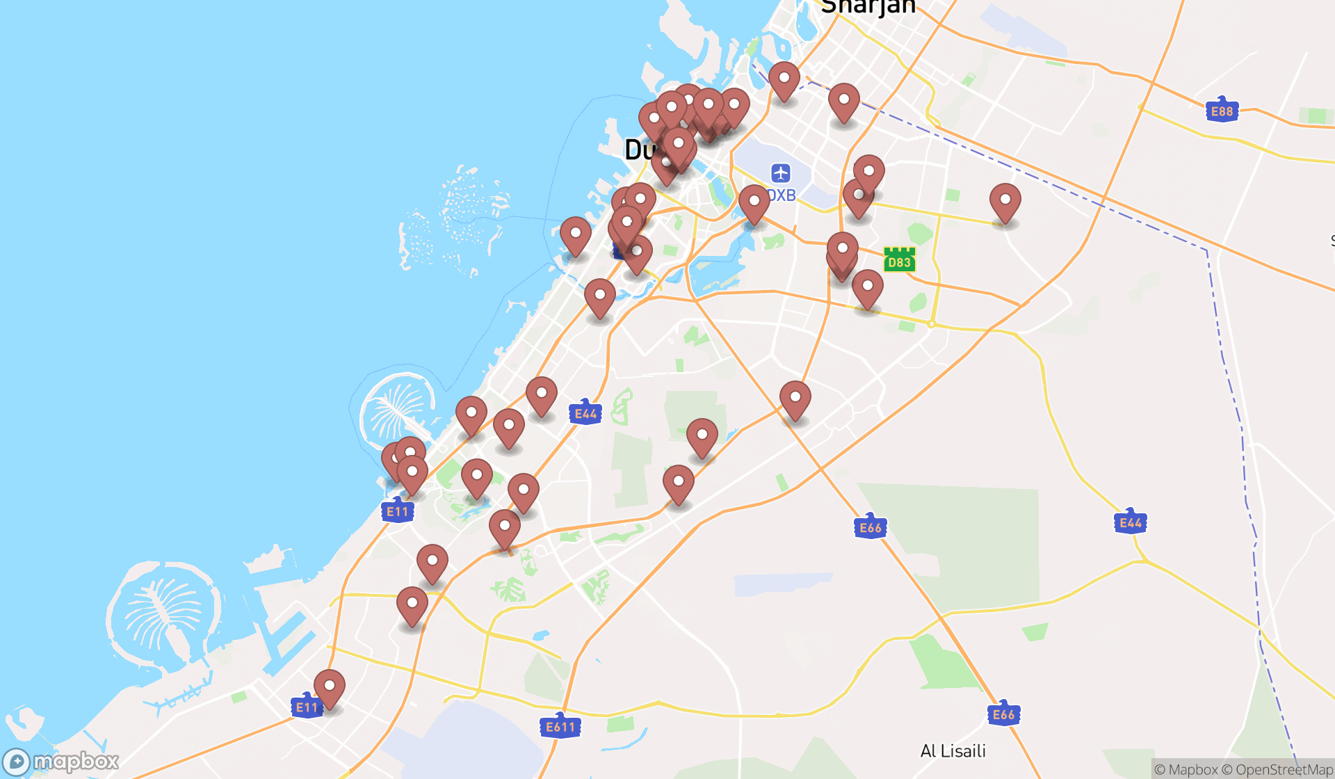 Map showing the search results in Dubai
