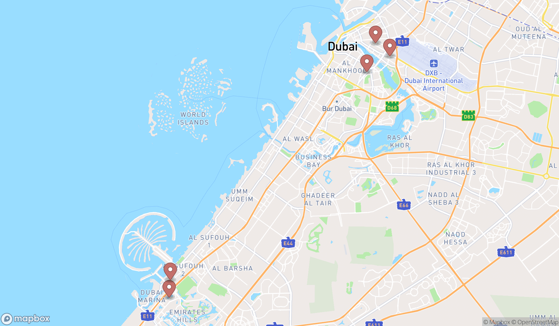 Map showing the search results in Dubai