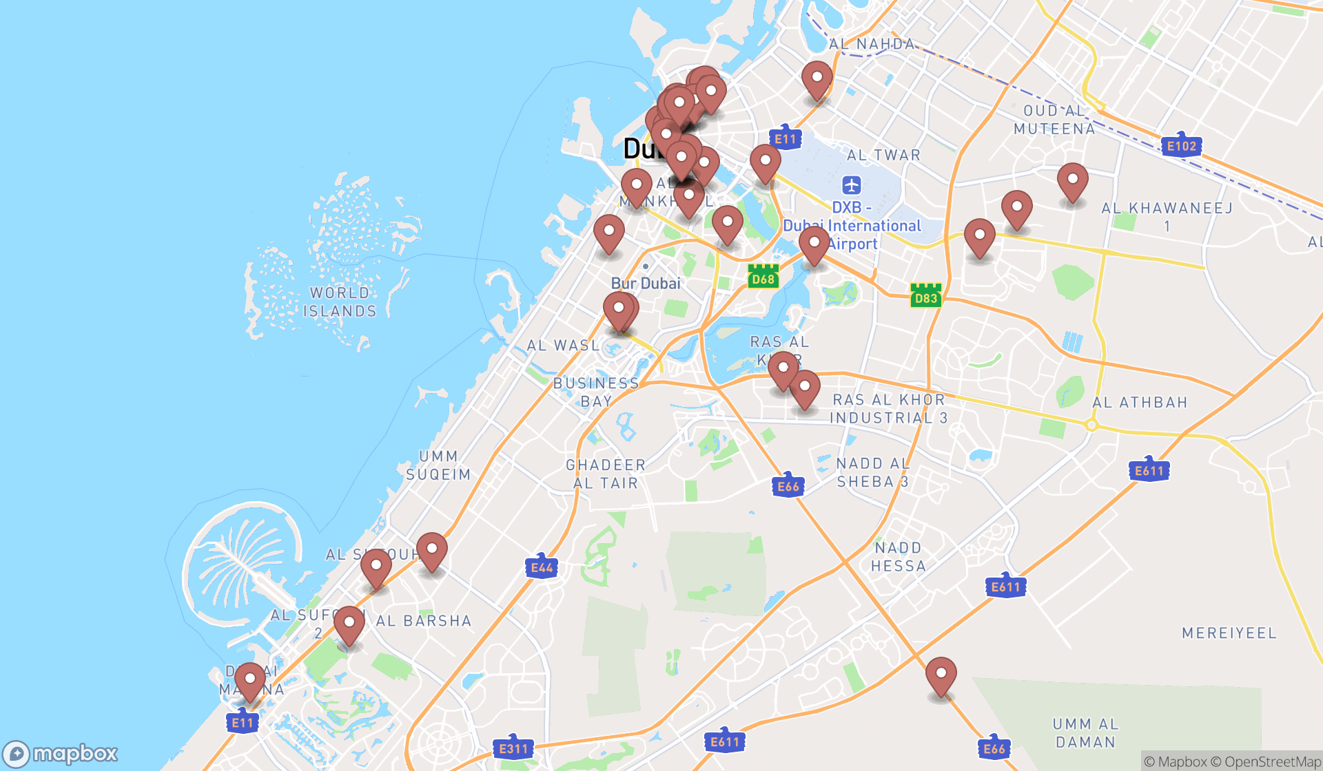 Map showing the search results in Dubai