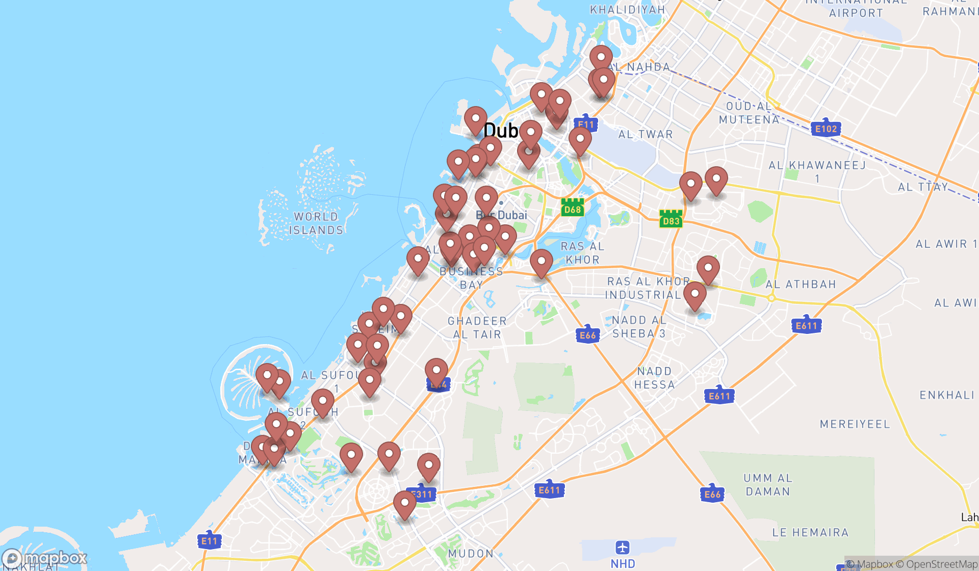 Map showing the search results in Dubai