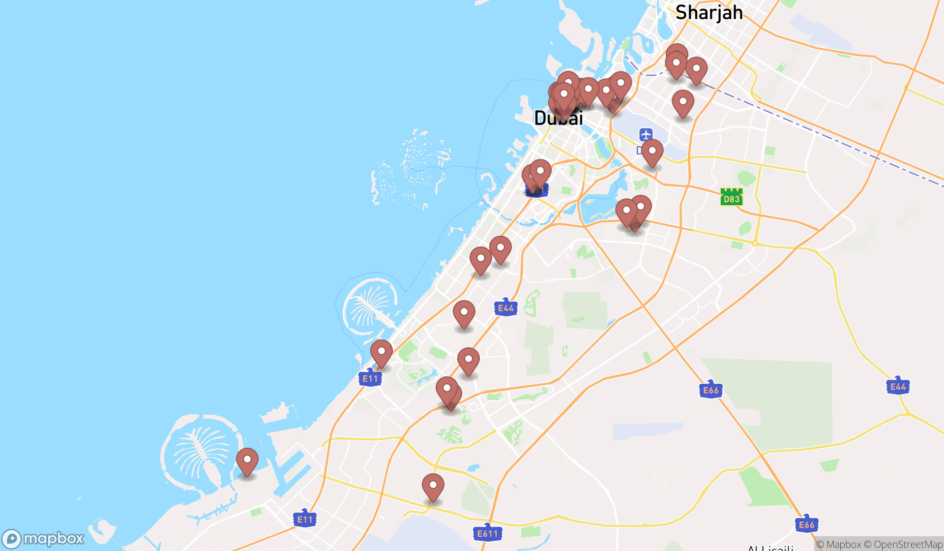 Map showing the search results in Dubai