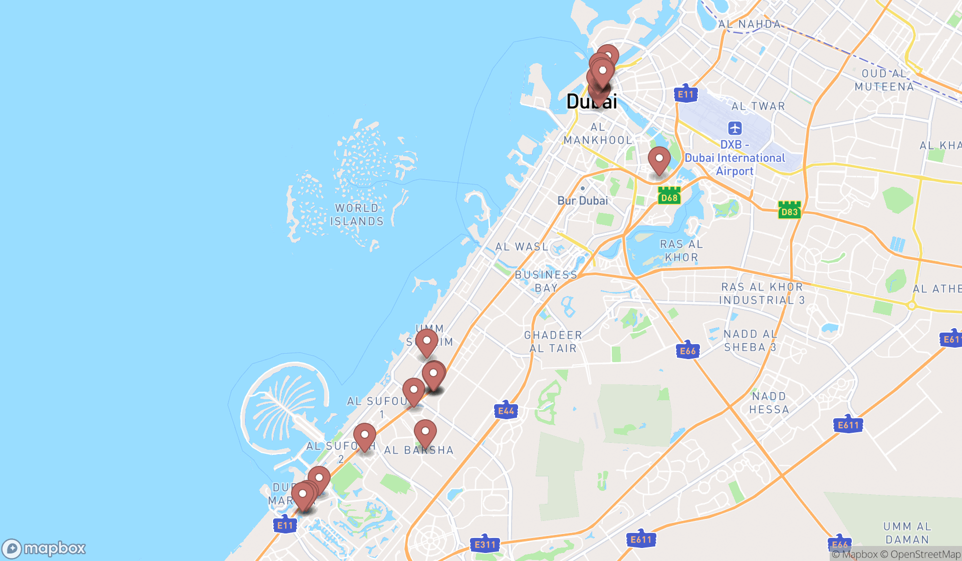 Map showing the search results in Dubai
