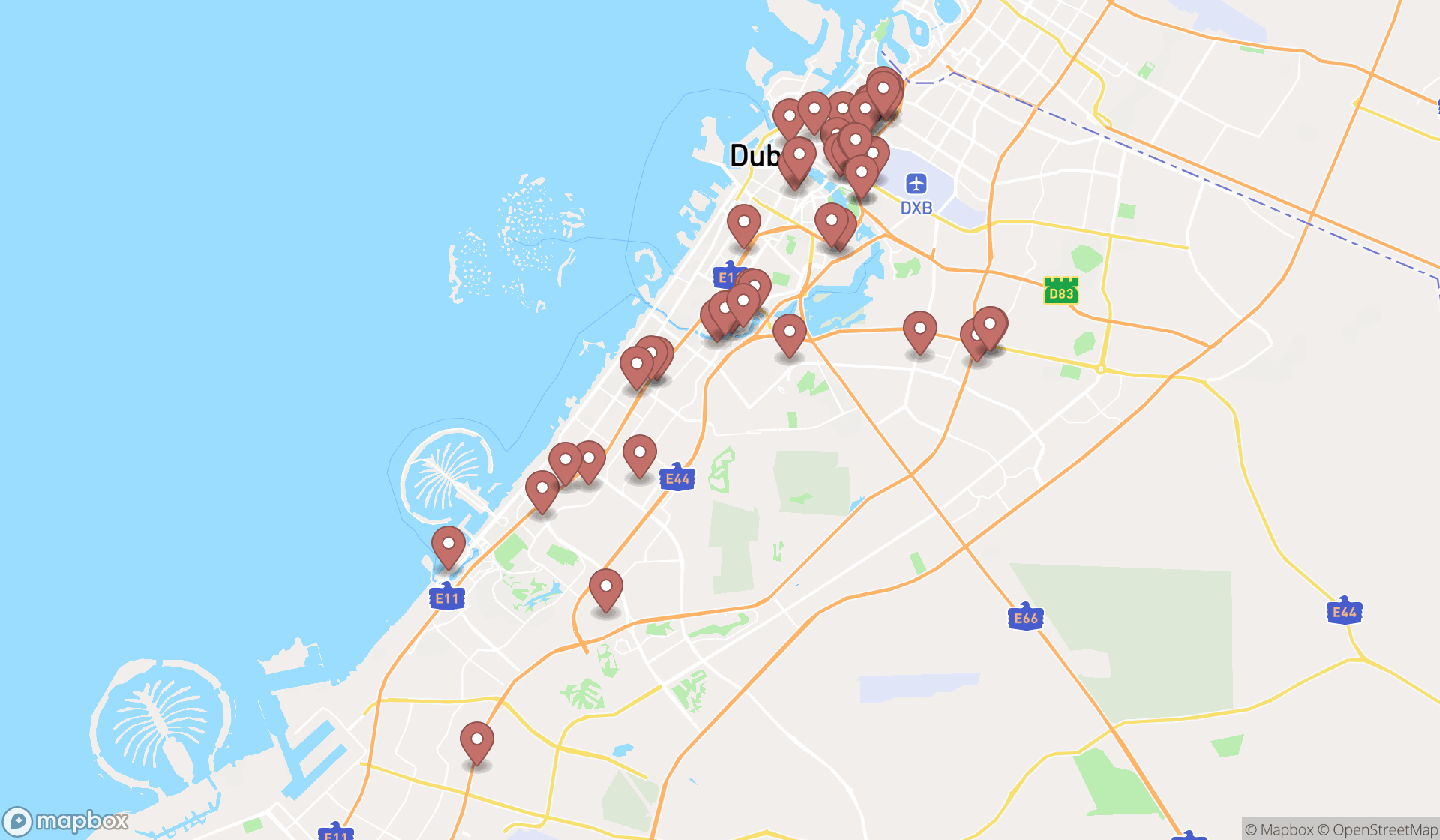 Map showing the search results in Dubai