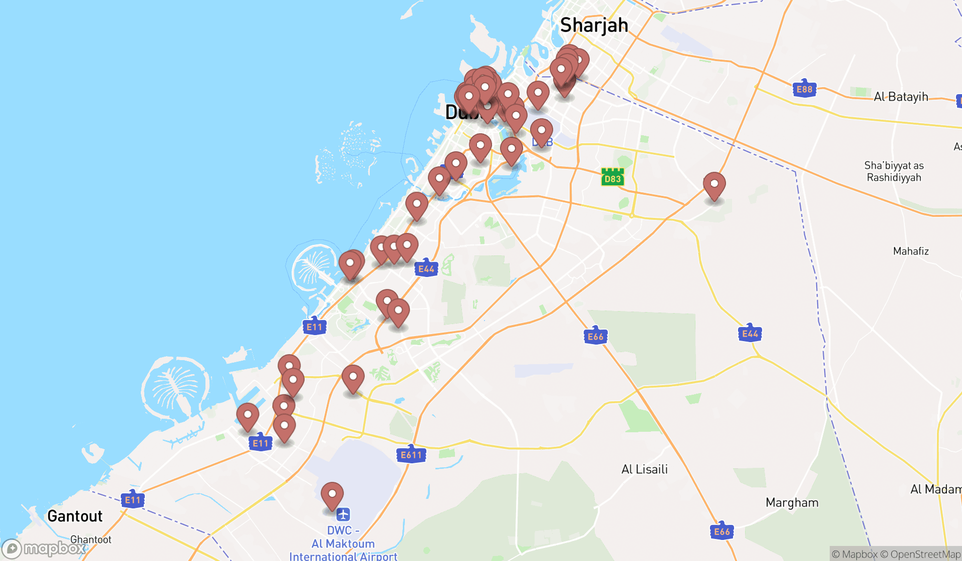 Map showing the search results in Dubai