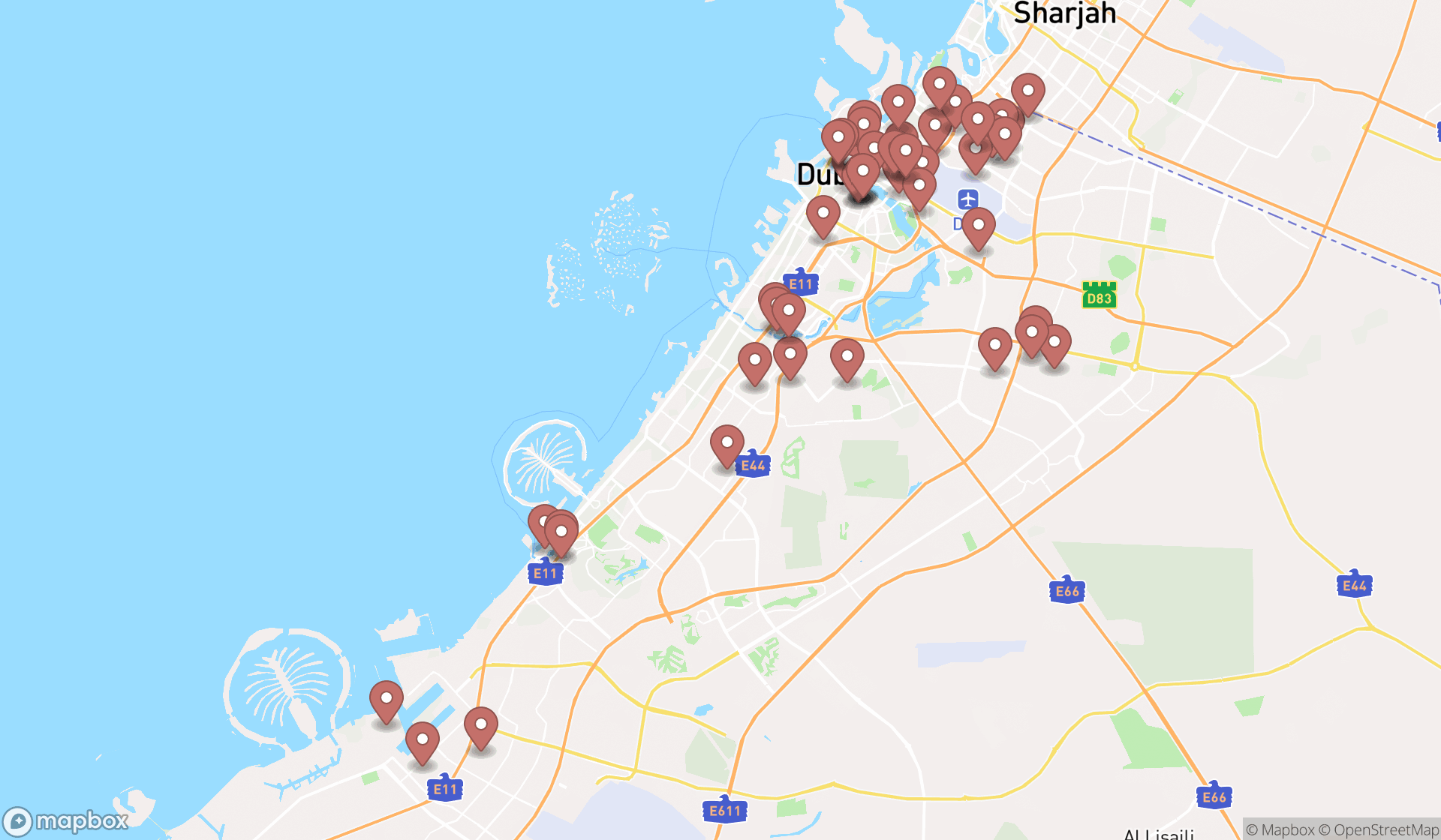 Map showing the search results in Dubai