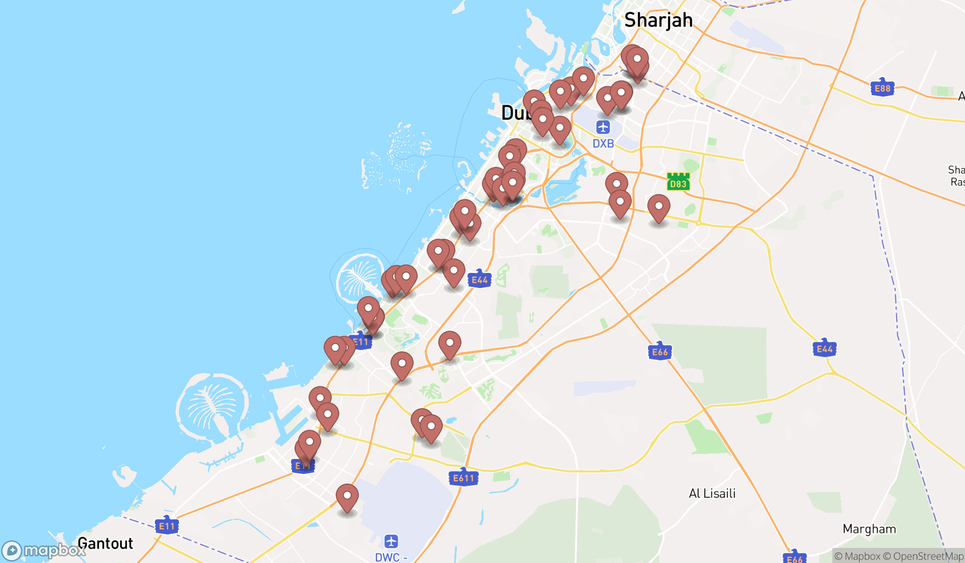 Map showing the search results in Dubai