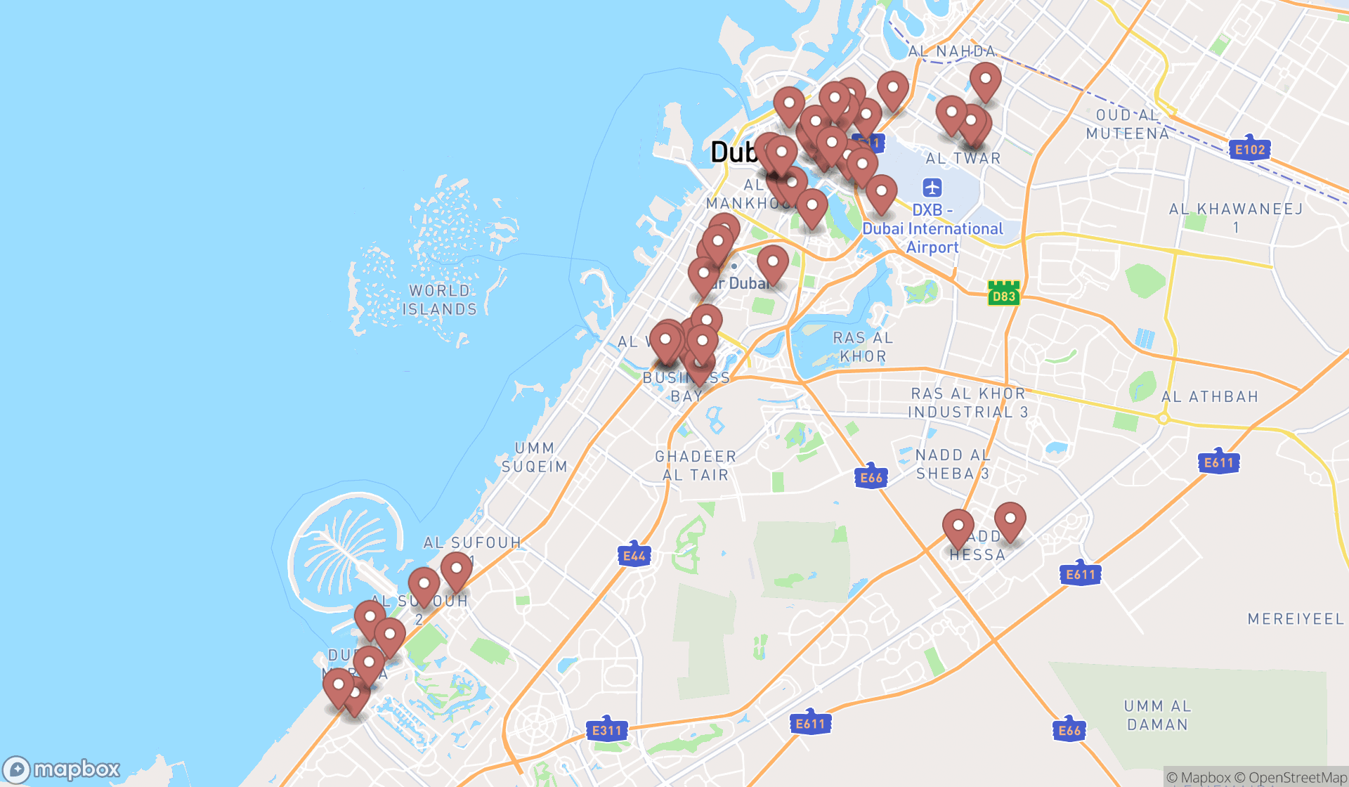 Map showing the search results in Dubai