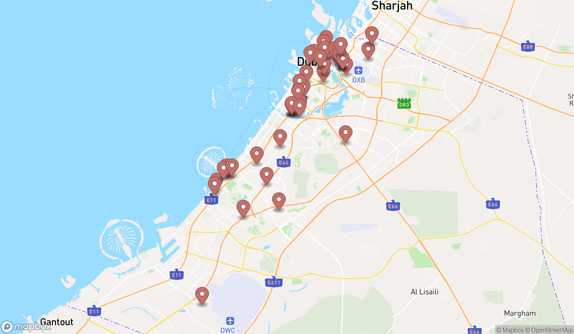 Map showing the search results in Dubai