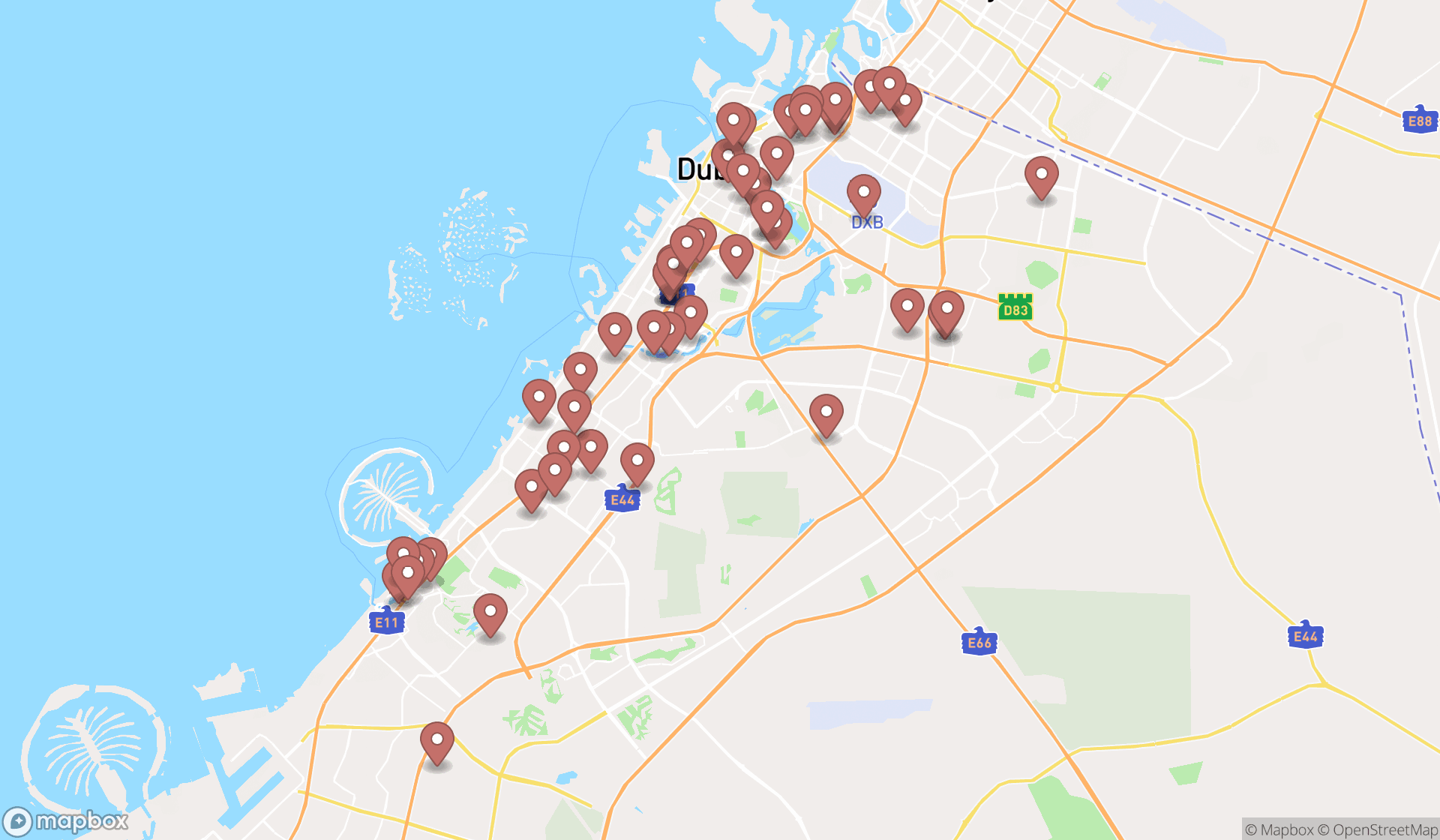 Map showing the search results in Dubai