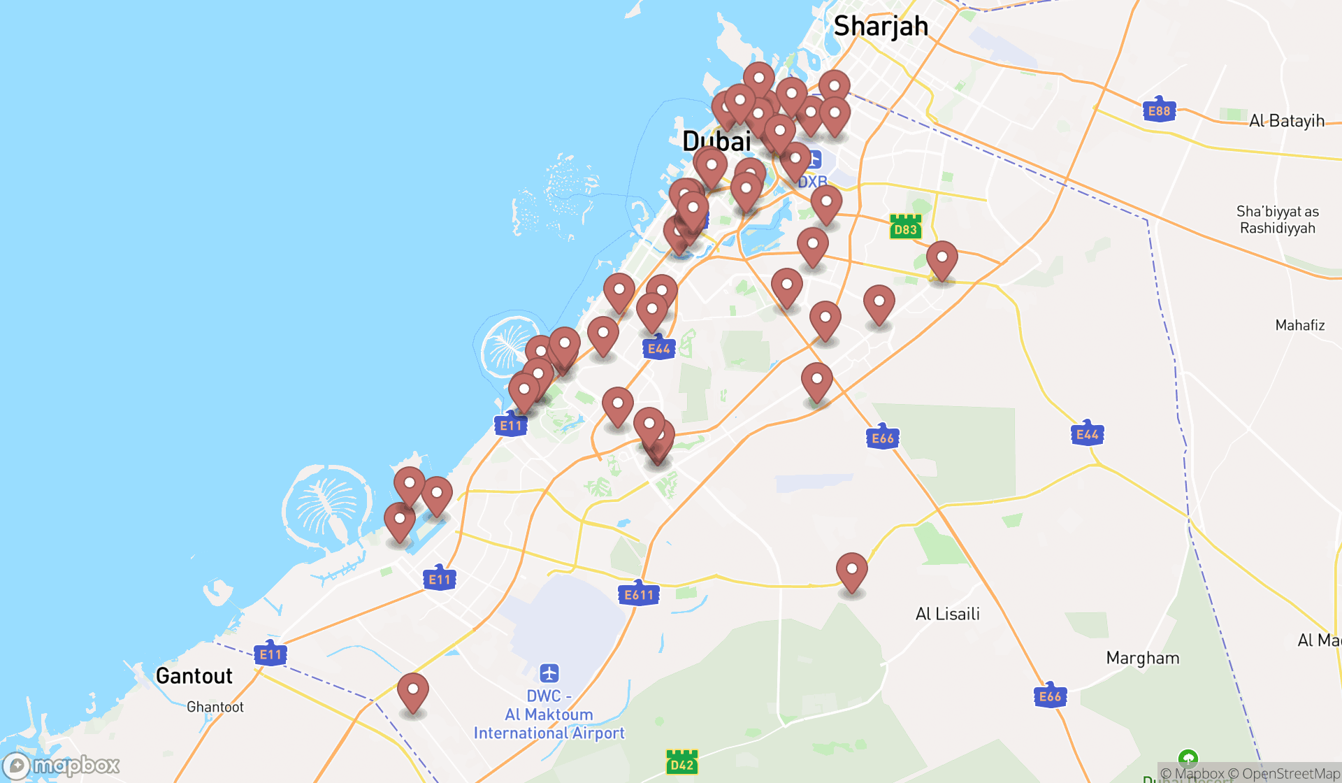 Map showing the search results in Dubai