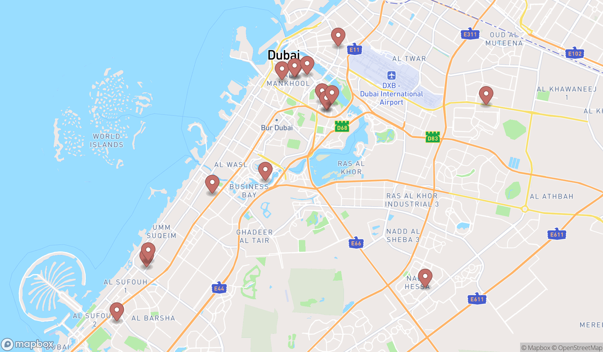 Map showing the search results in Dubai