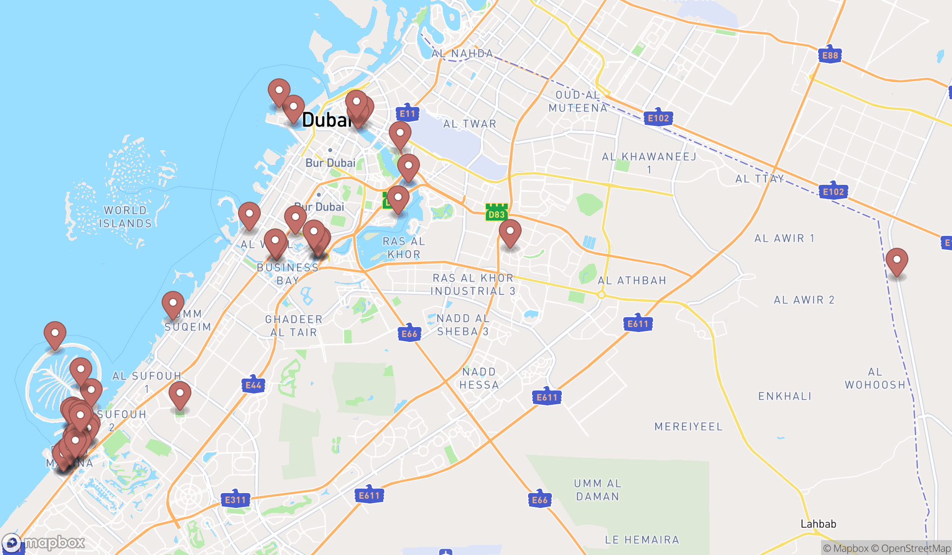 Map showing the search results in Dubai