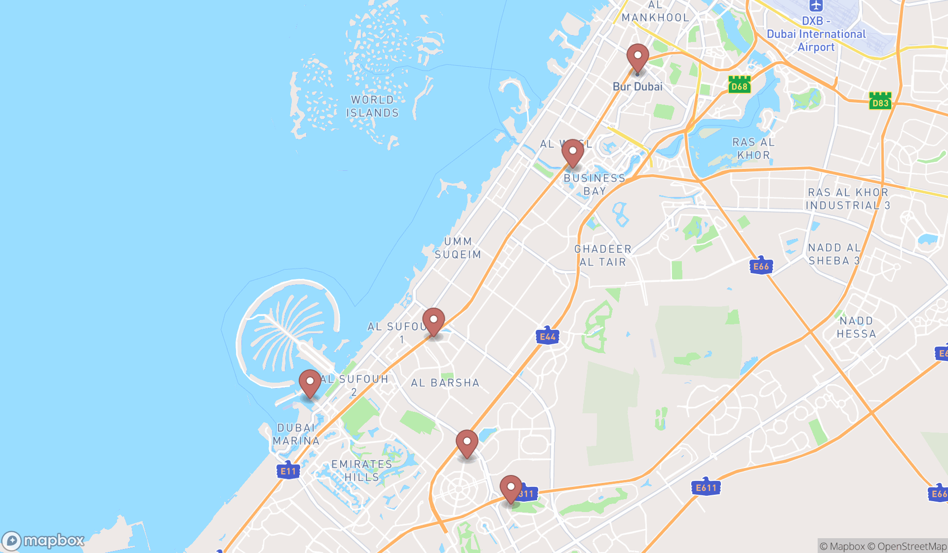 Map showing the search results in Dubai