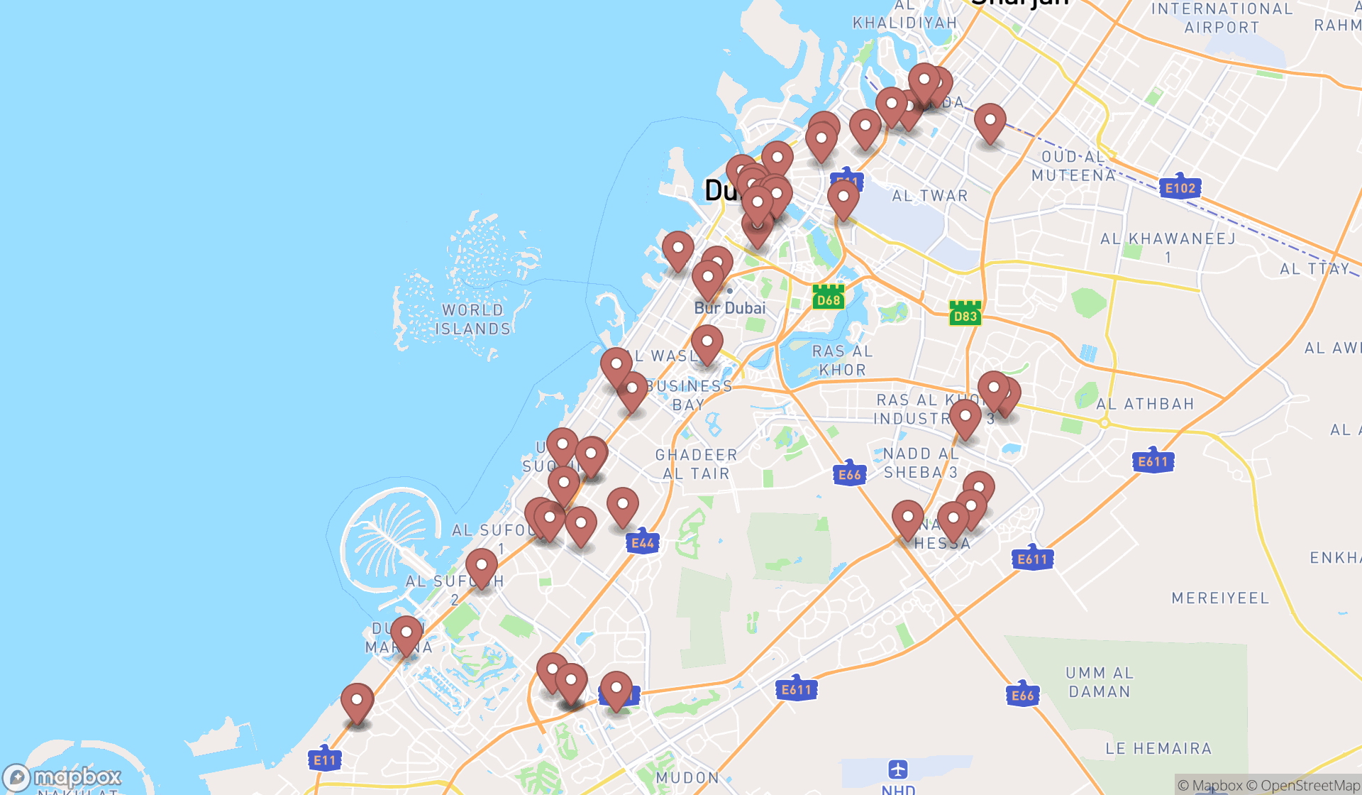 Map showing the search results in Dubai