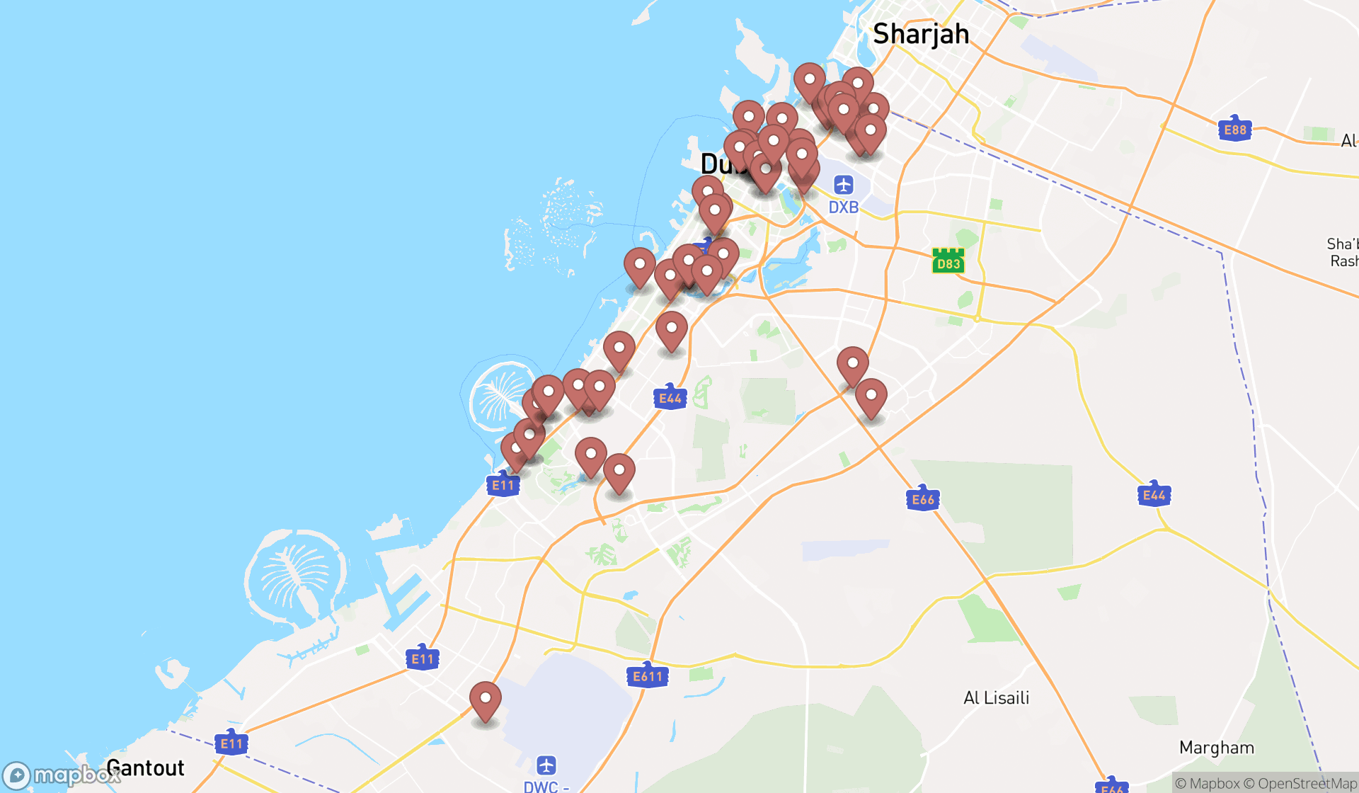 Map showing the search results in Dubai