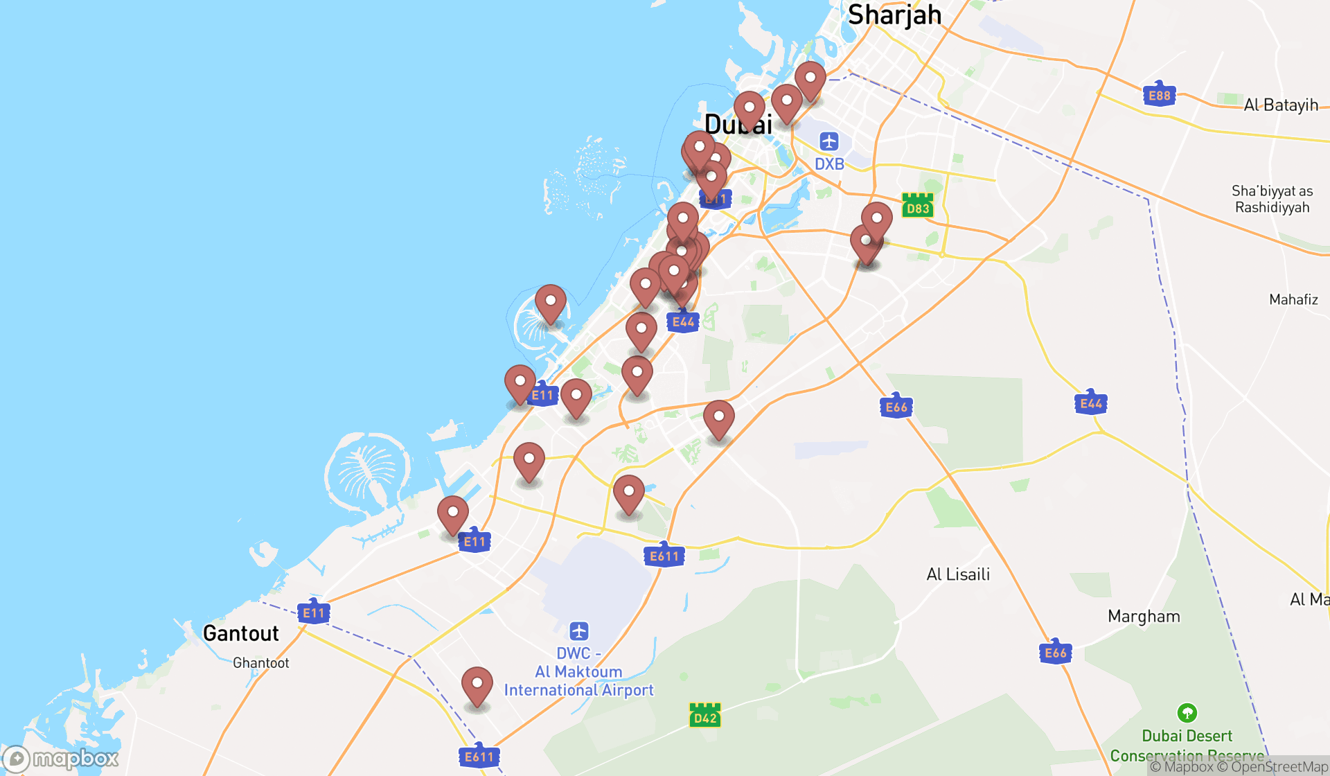 Map showing the search results in Dubai
