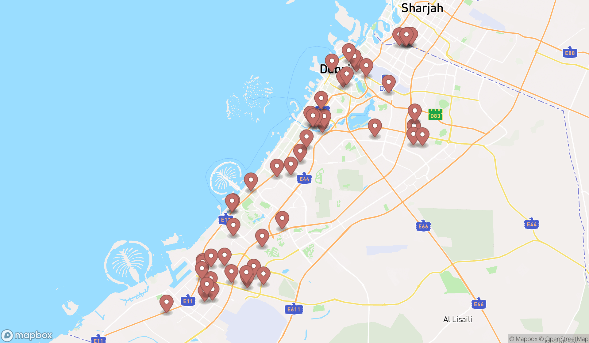 Map showing the search results in Dubai