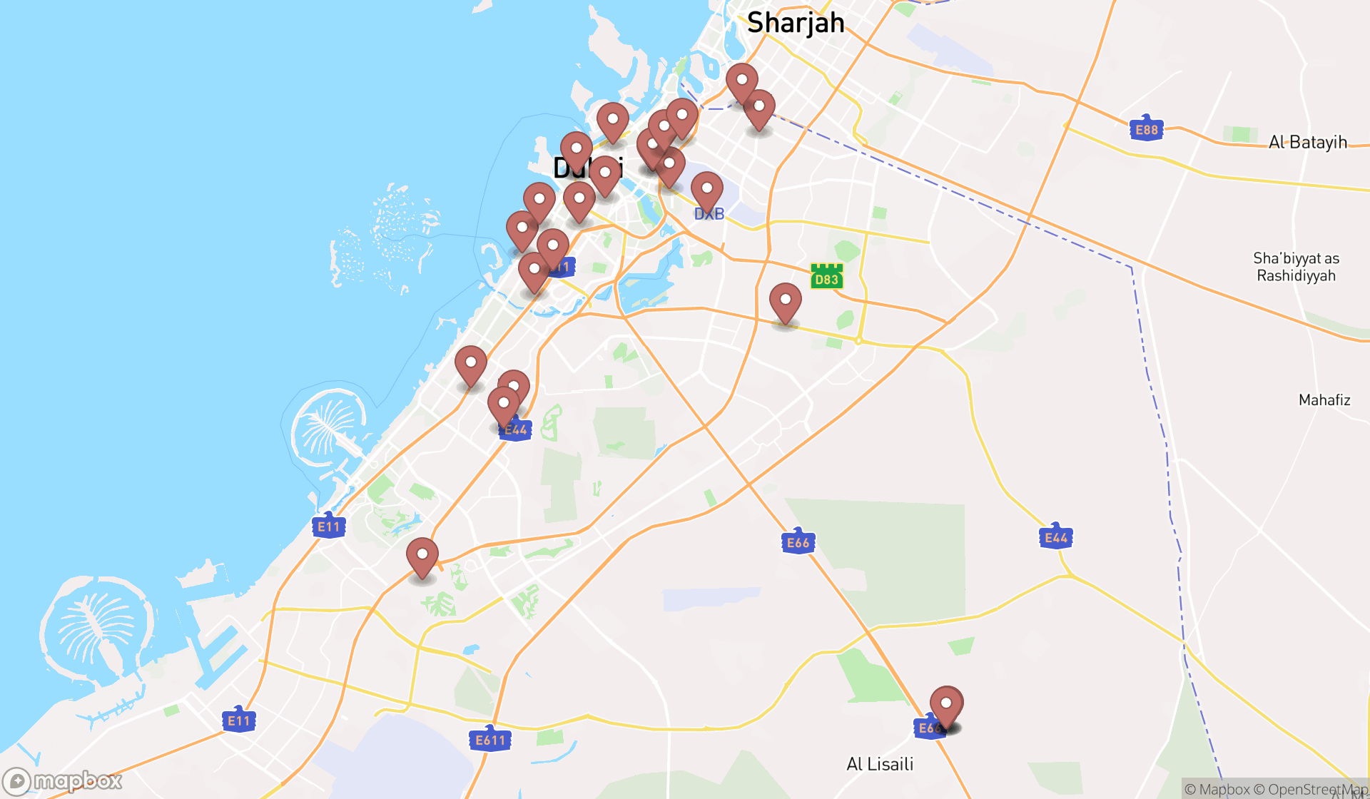 Map showing the search results in Dubai