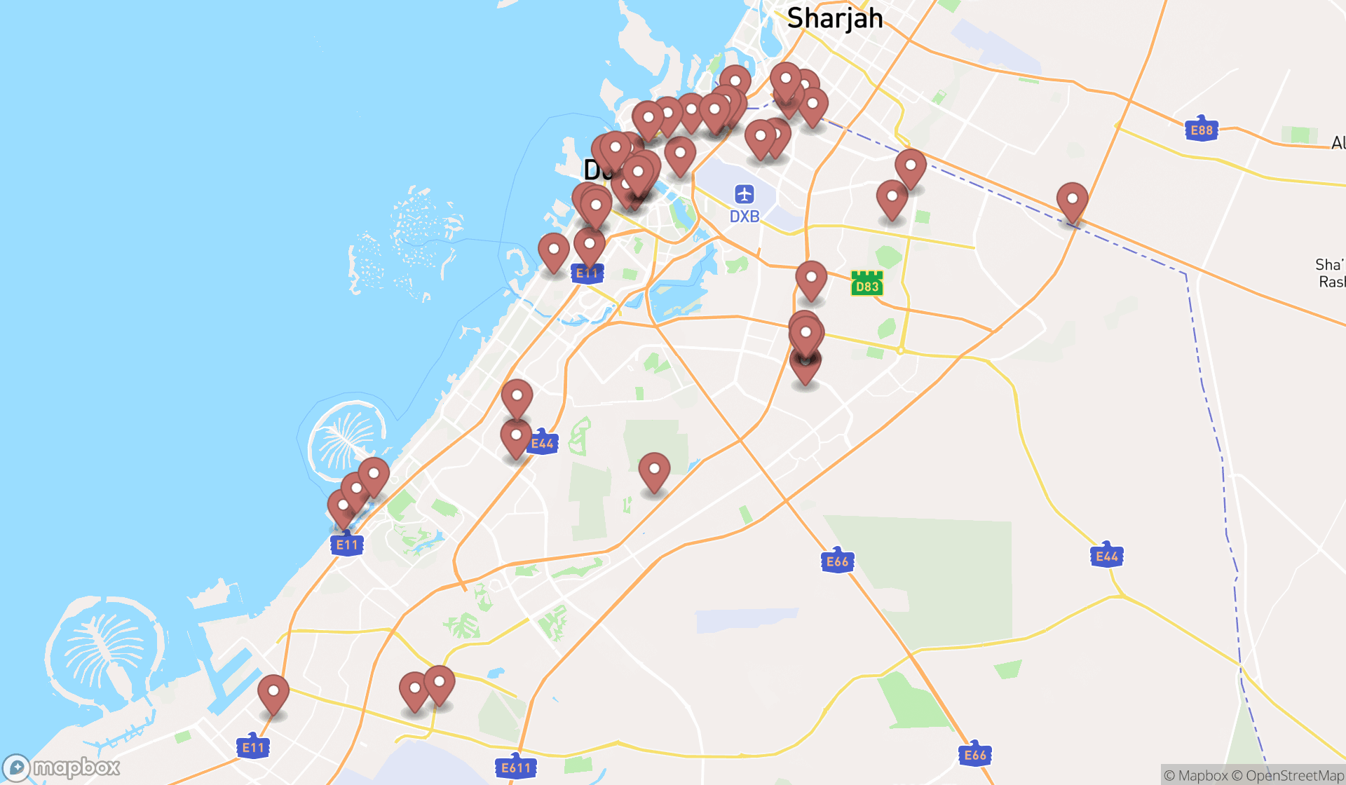 Map showing the search results in Dubai