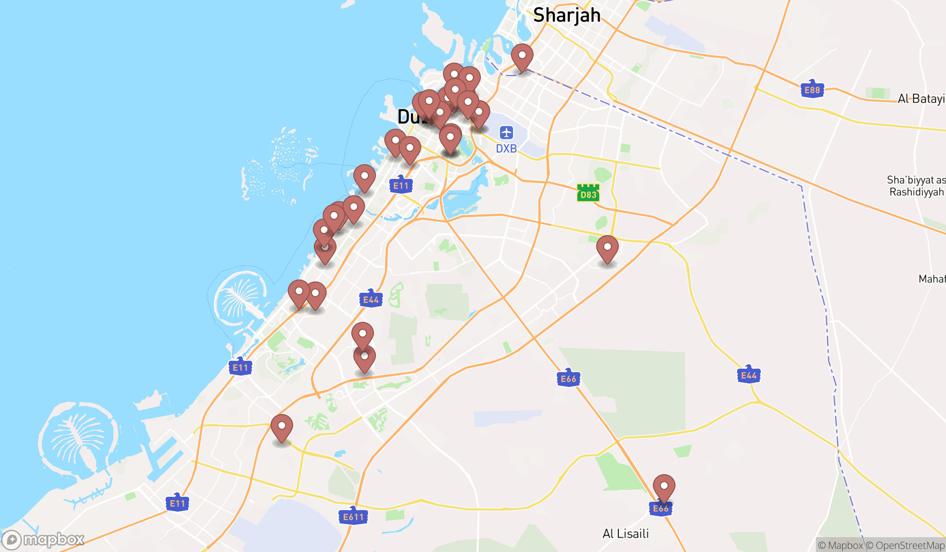 Map showing the search results in Dubai