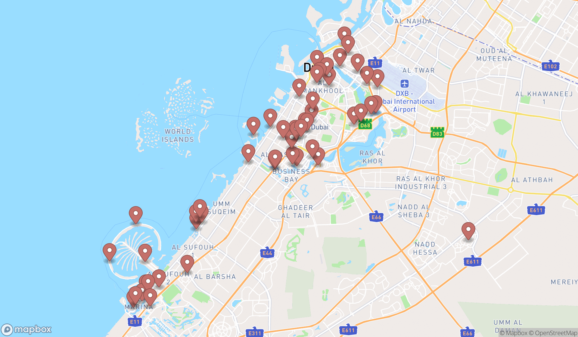 Map showing the search results in Dubai