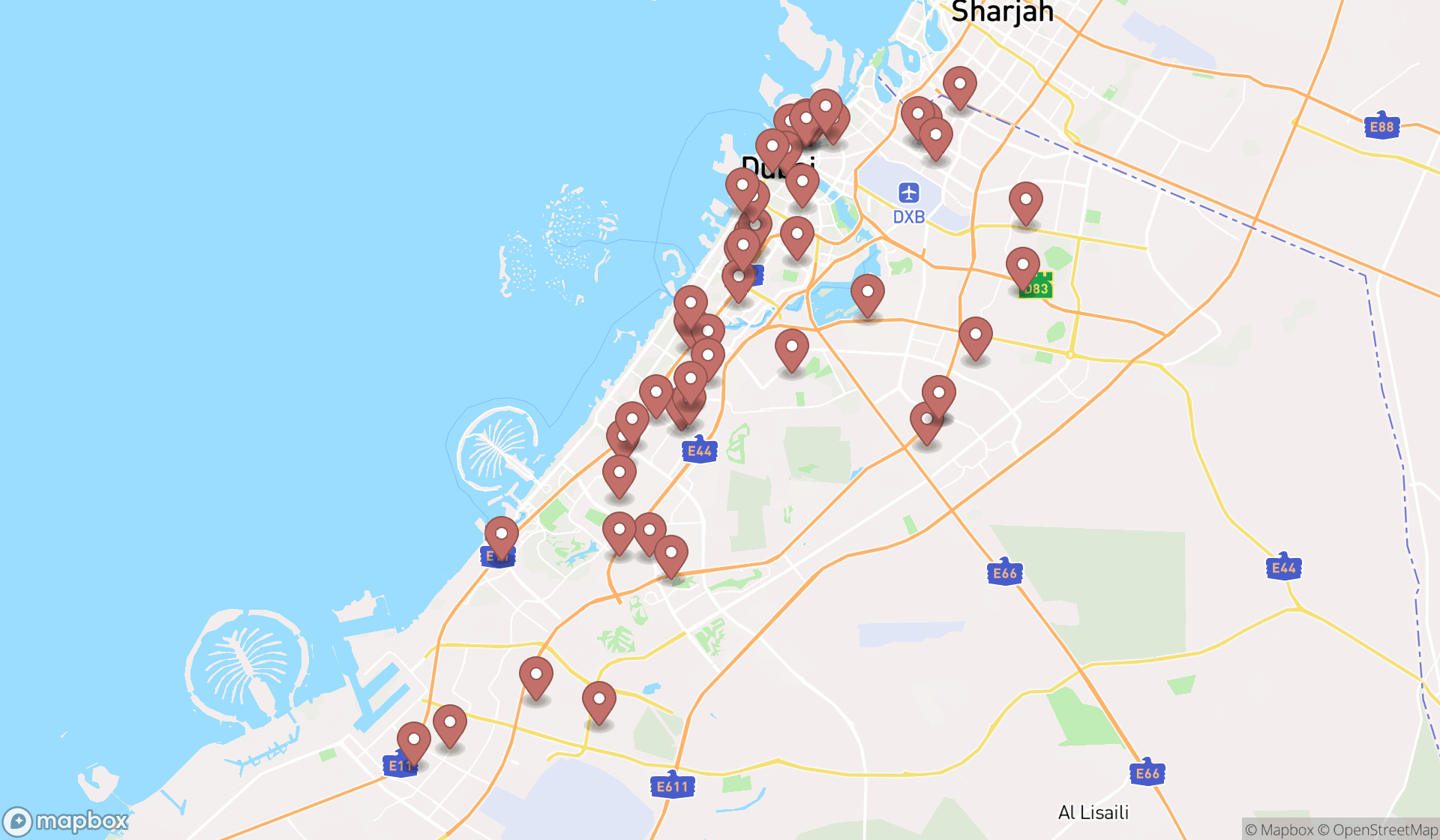 Map showing the search results in Dubai