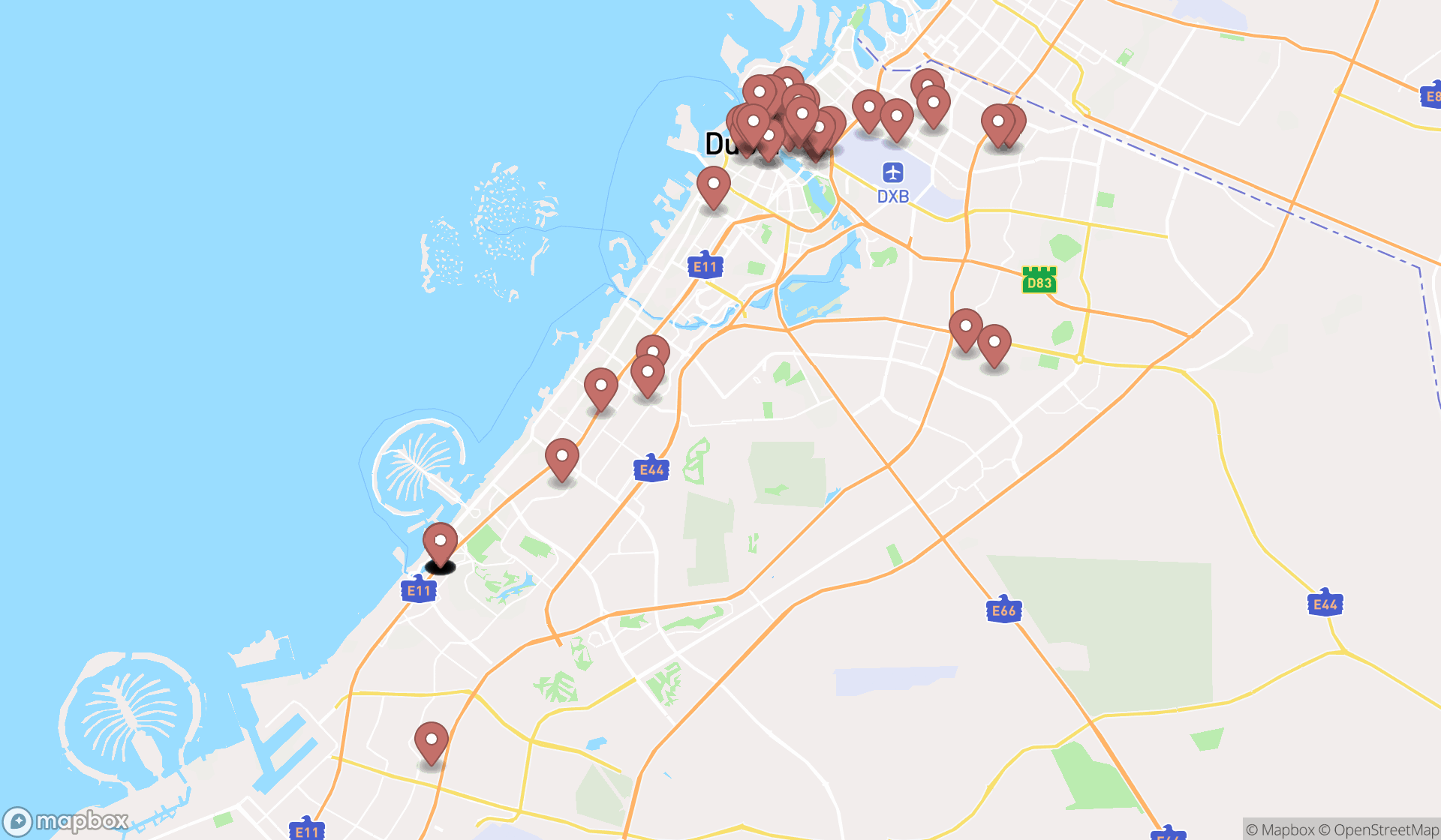 Map showing the search results in Dubai