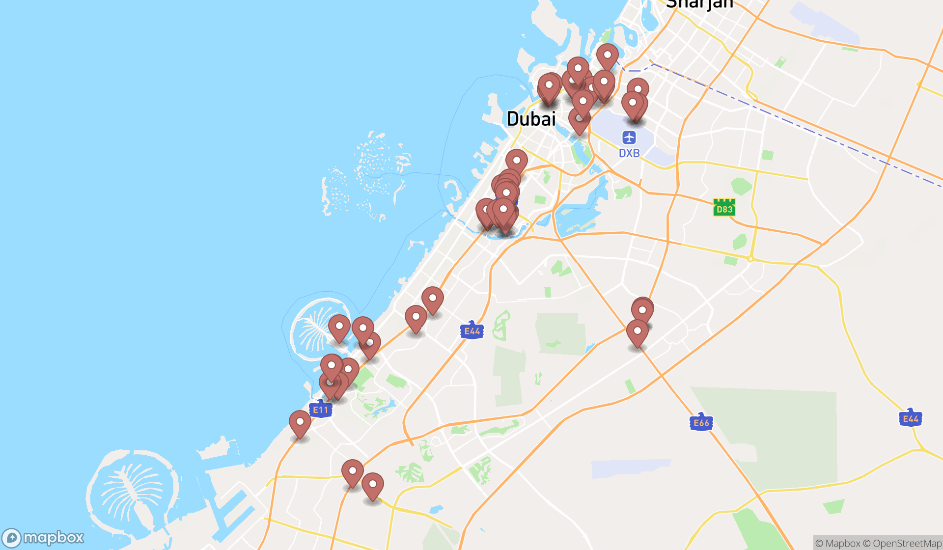 Map showing the search results in Dubai