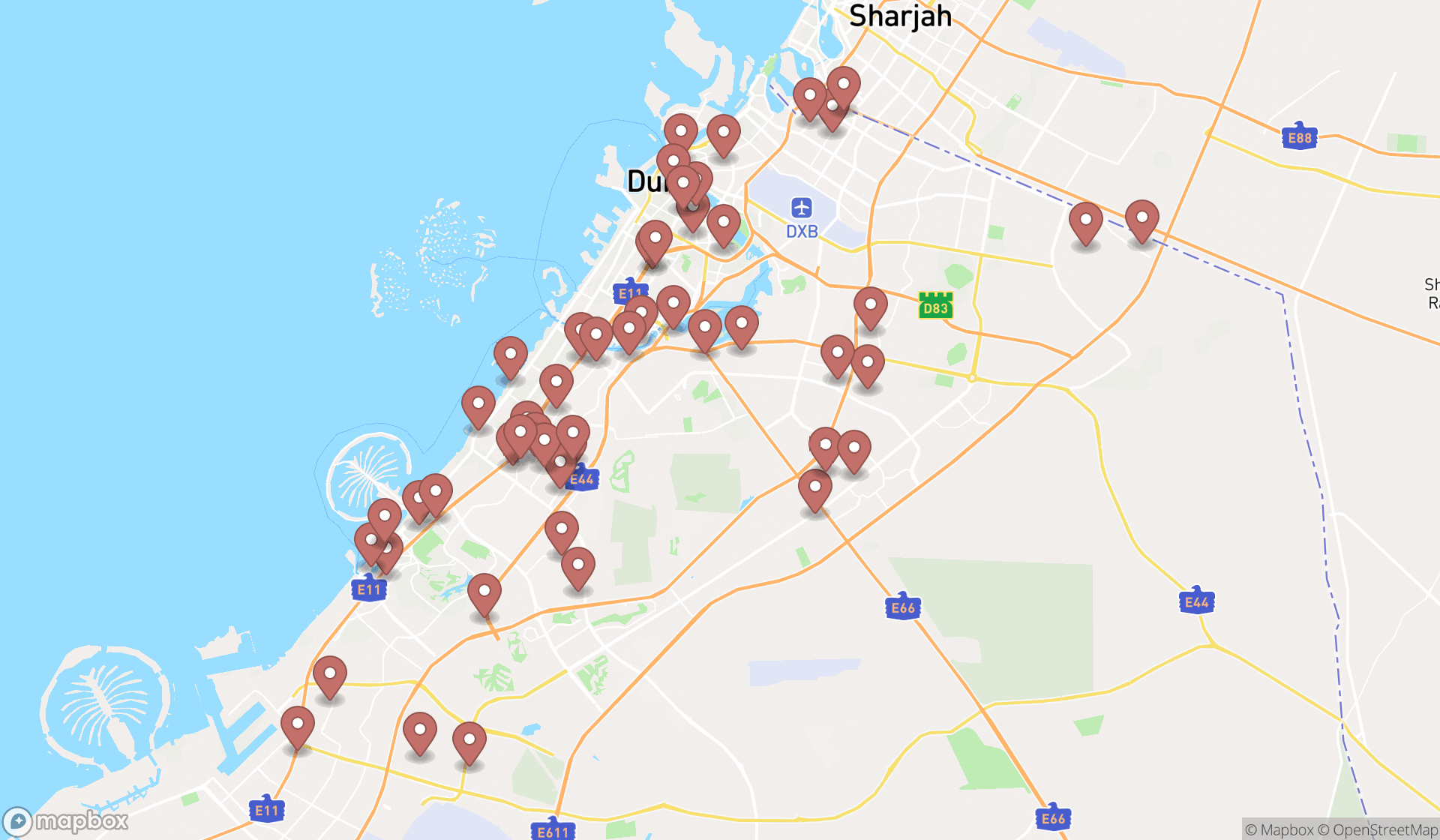 Map showing the search results in Dubai