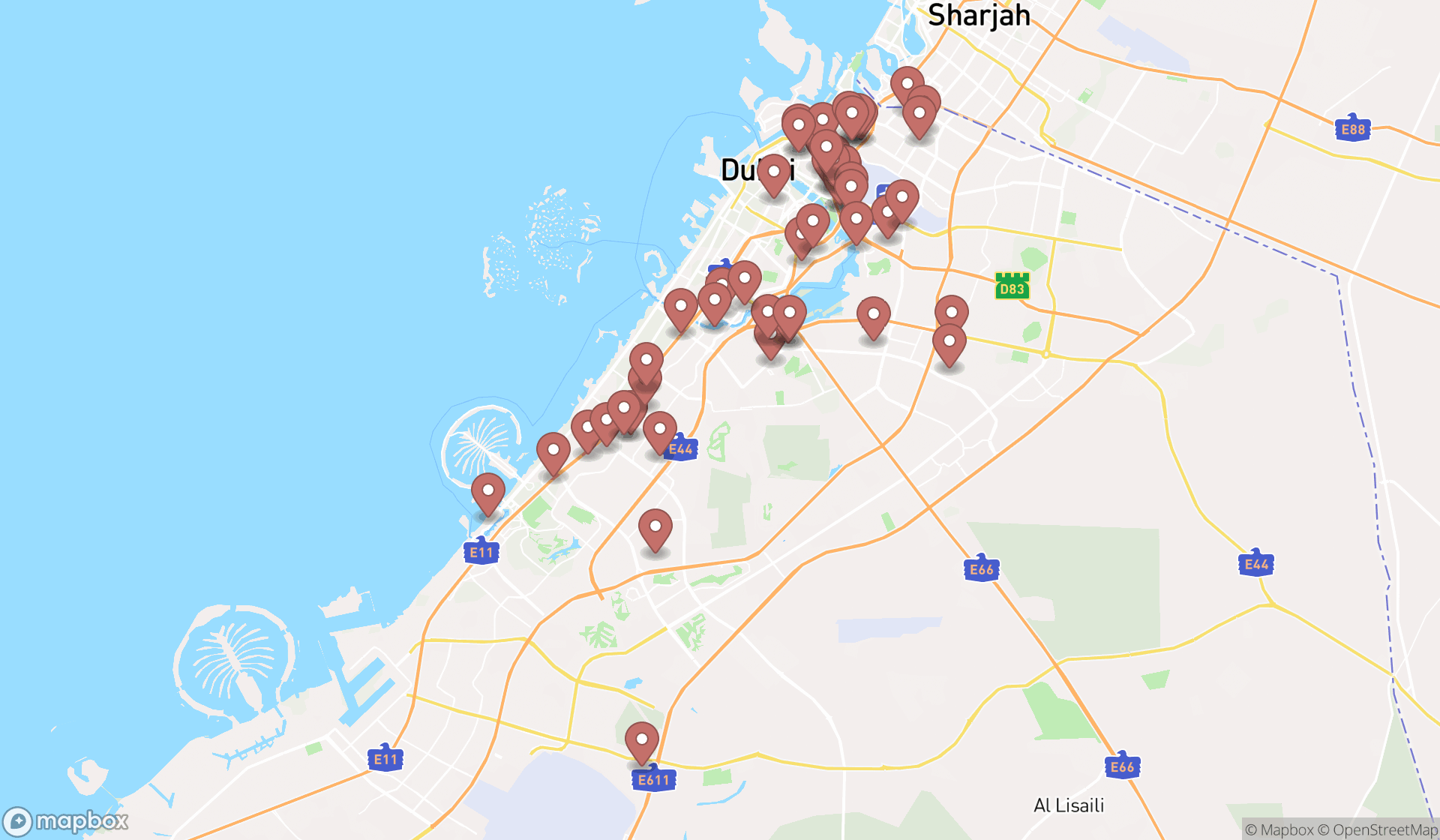 Map showing the search results in Dubai