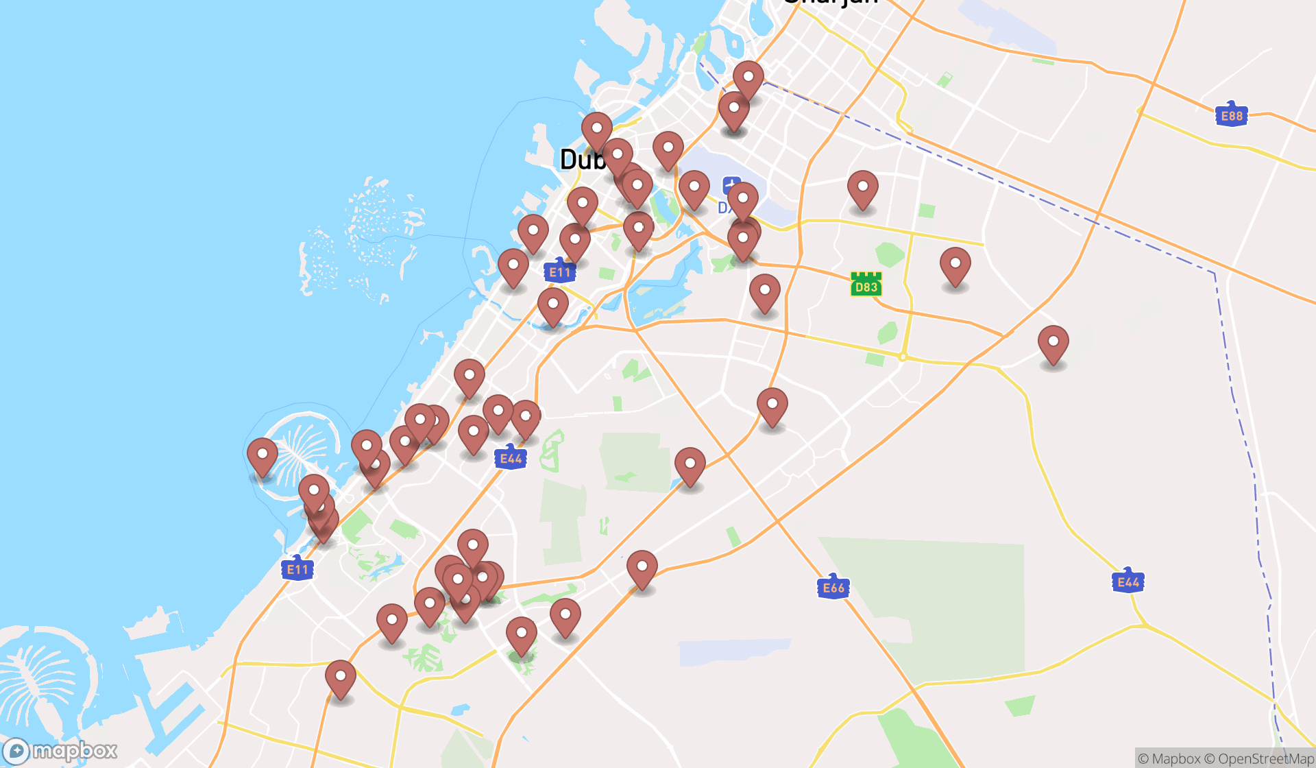 Map showing the search results in Dubai