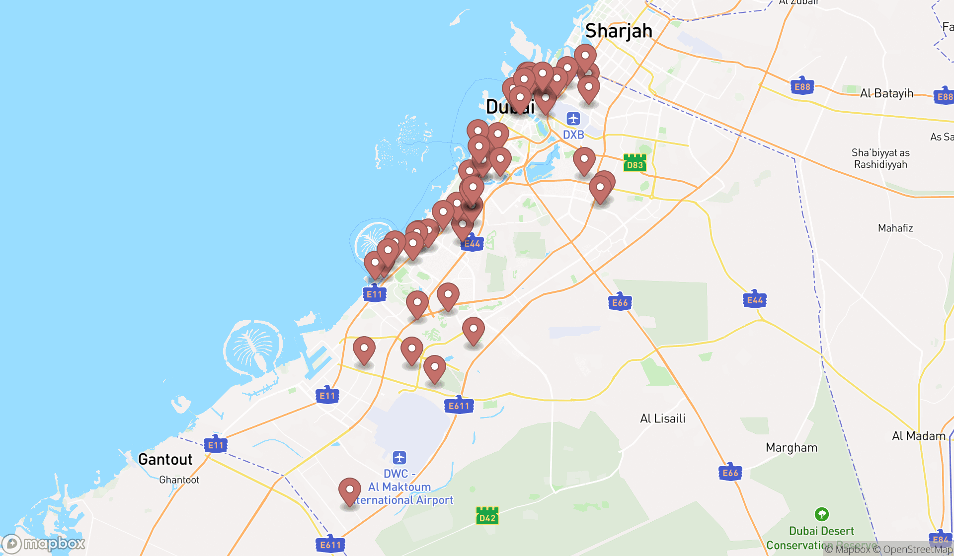 Map showing the search results in Dubai