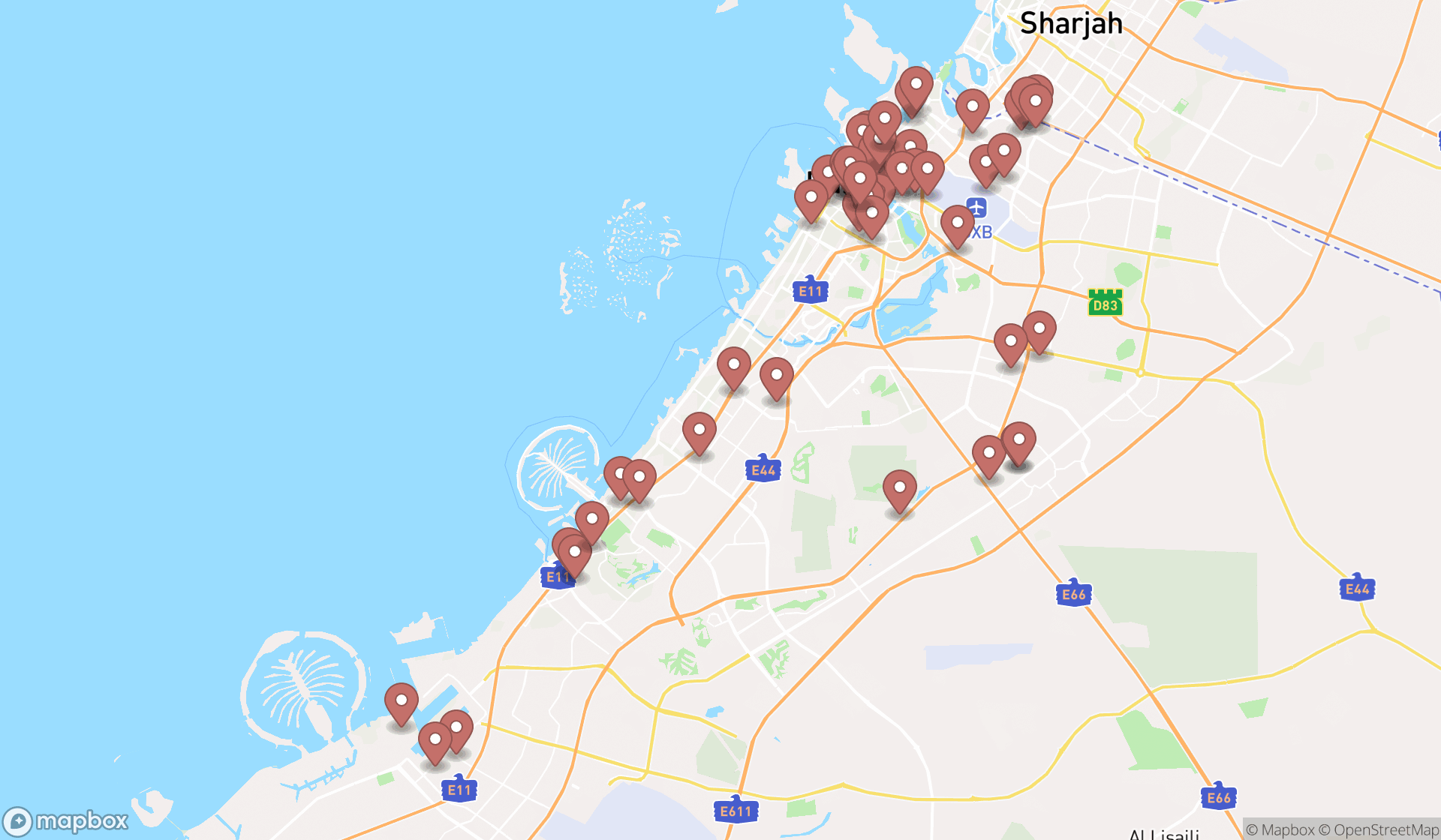 Map showing the search results in Dubai