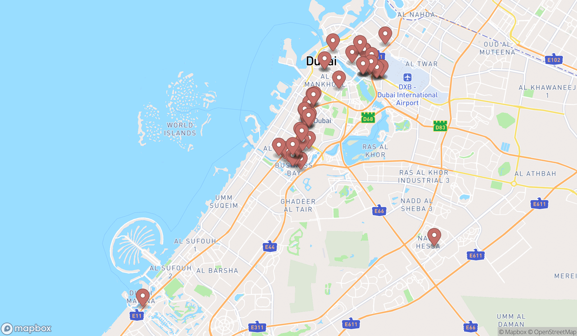 Map showing the search results in Dubai